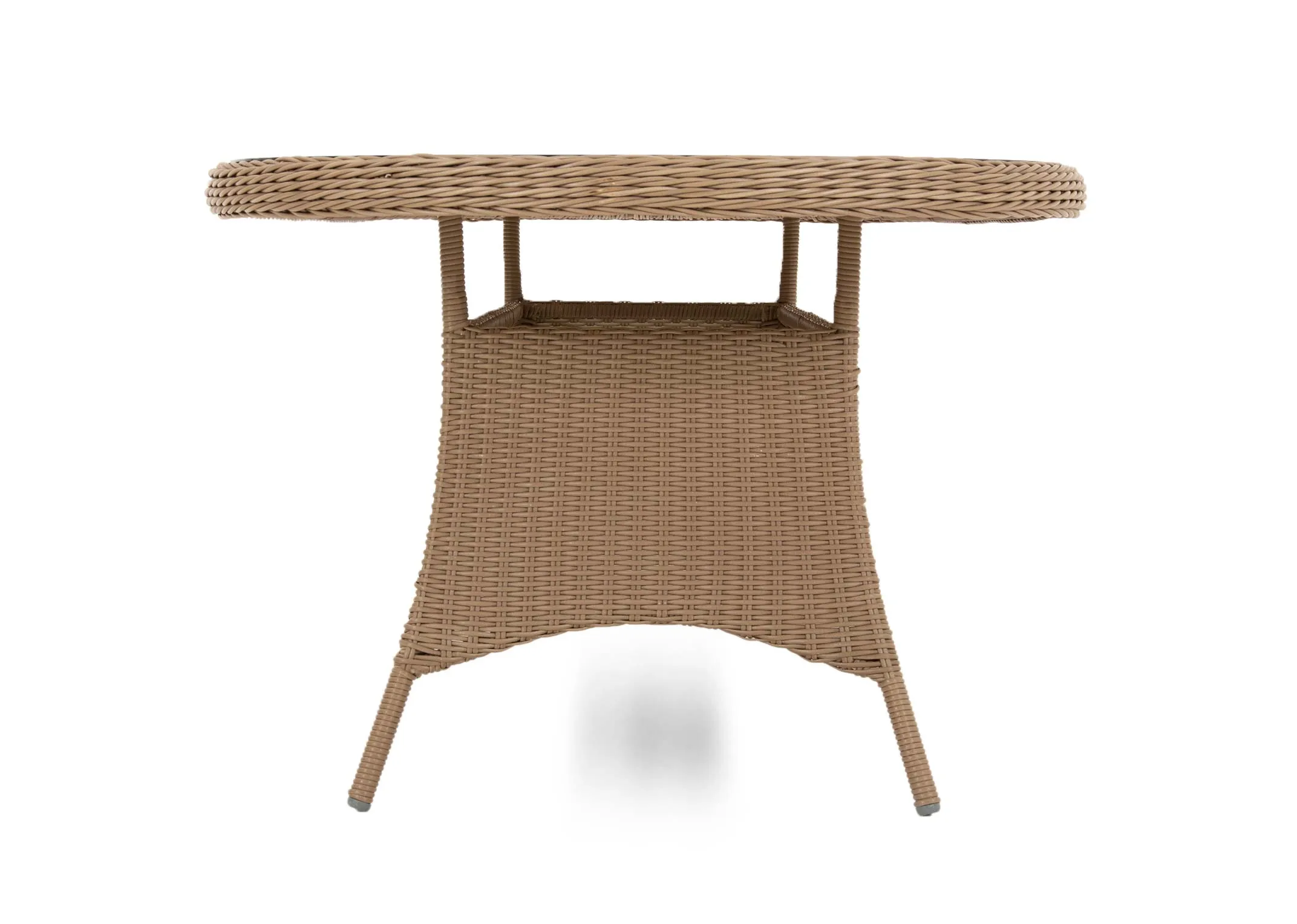 A glass top oval rattan garden dining table from EZ Livings Seville range. Closeup of woven wicker detail