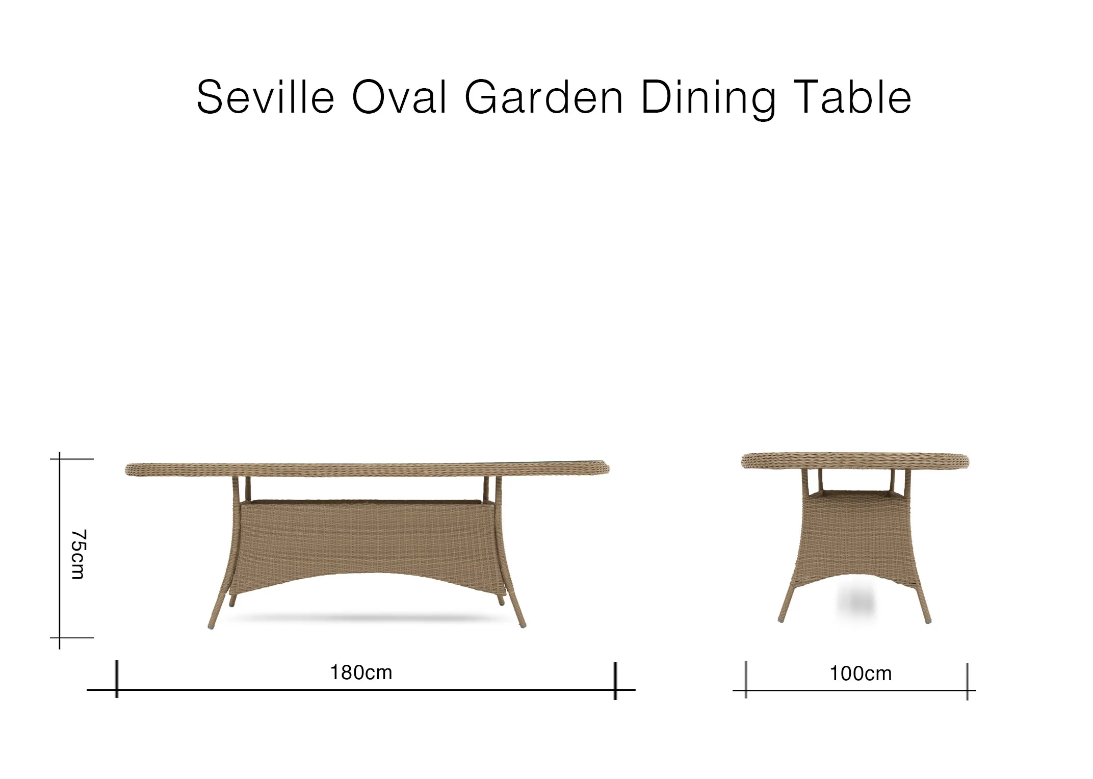 A dimension image of the Seville Oval Dining Table with 180cm x 100cm x 75cm