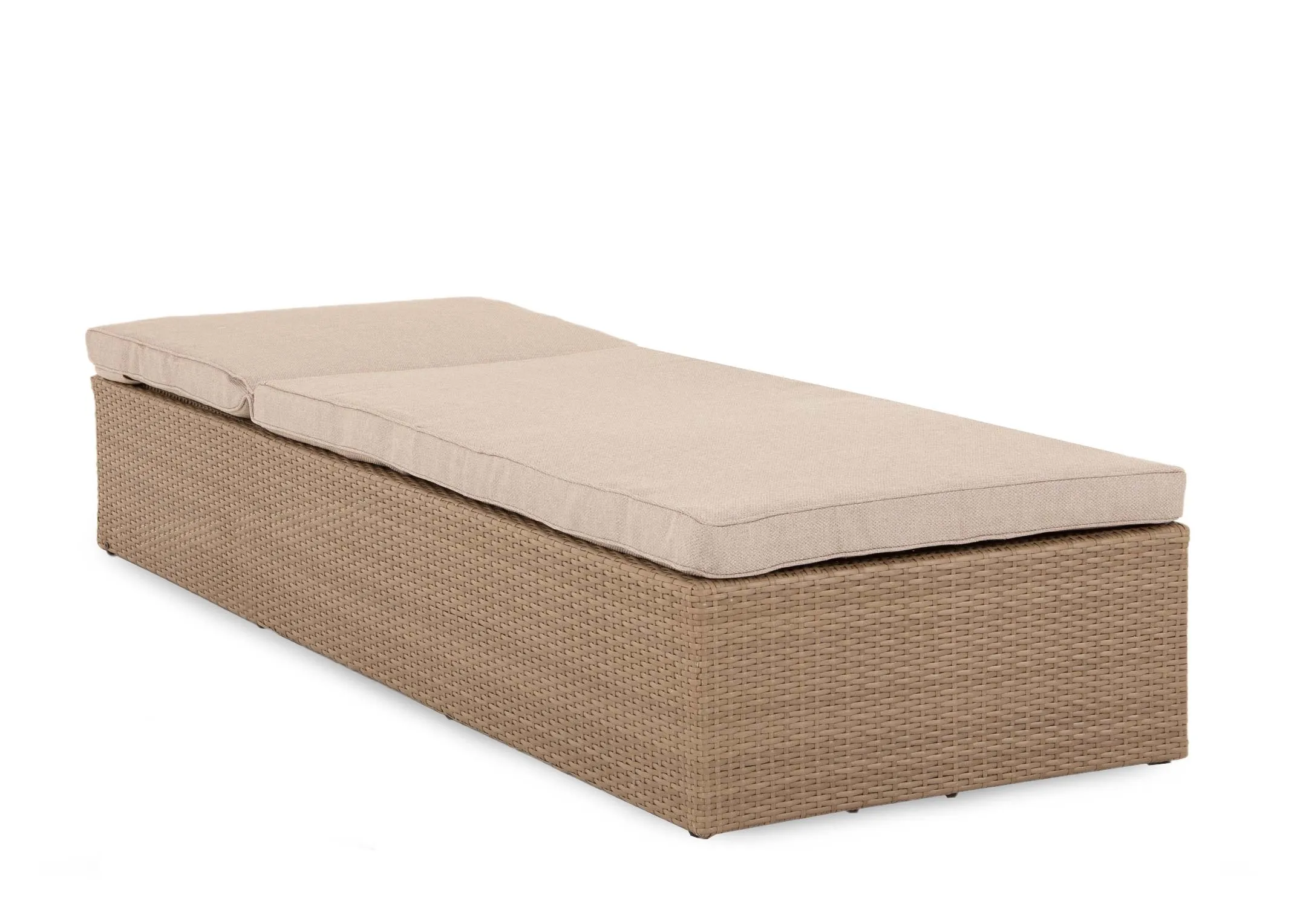 A light brown wicker sunlounger with beige fabric cushion from EZ Livings Granada range. Angled view of headrest down so sunlounger is flat.