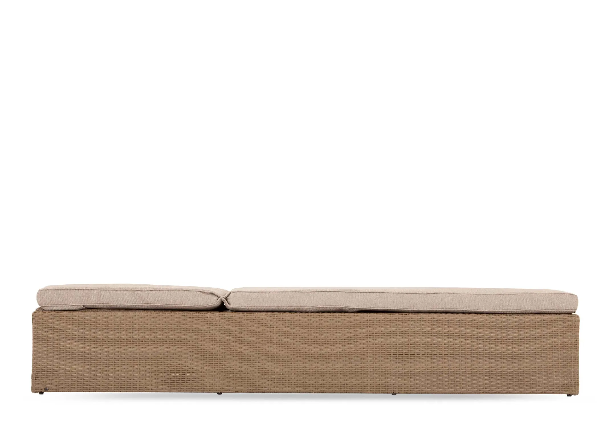 A light brown wicker sunlounger with beige fabric cushion from EZ Livings Granada range. Side view of headrest down with lounger in bed mode.