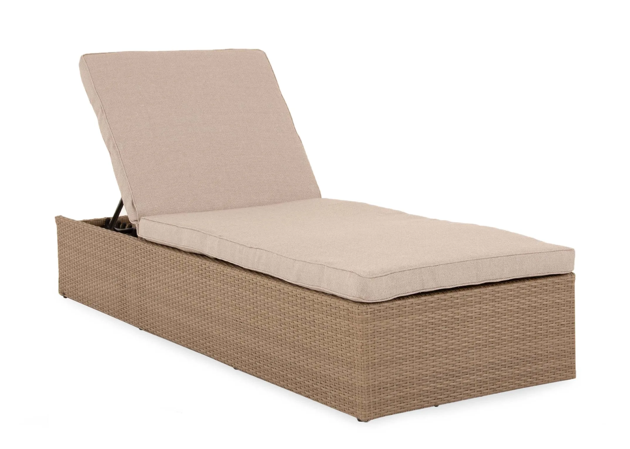 A light brown wicker sunlounger with beige fabric cushion from EZ Livings Granada range. Angled view of sunlounger with headrest lifted.