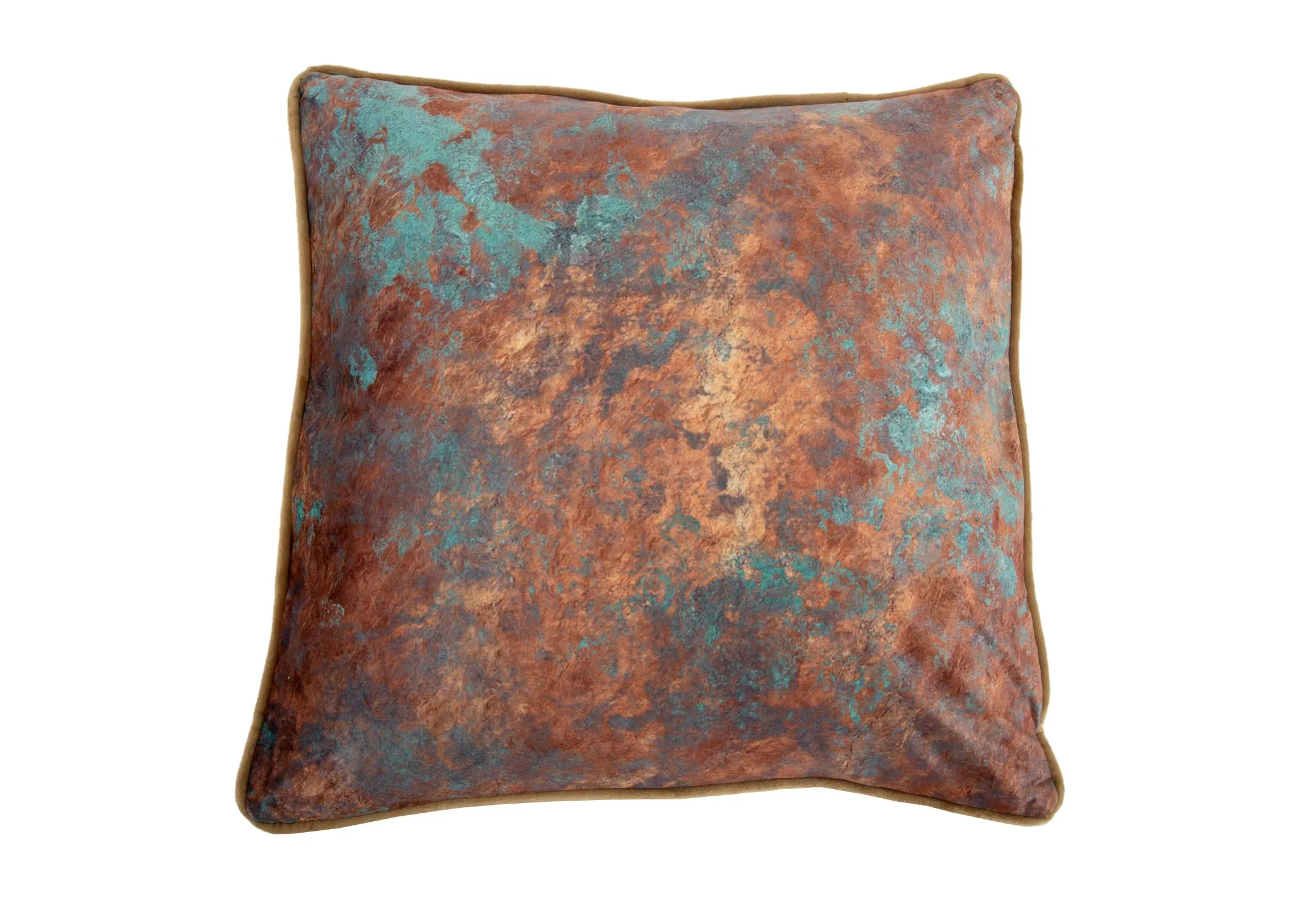 A rust cushion with teal patches from EZ Livings Cushion range. Front view of distressed style pattern