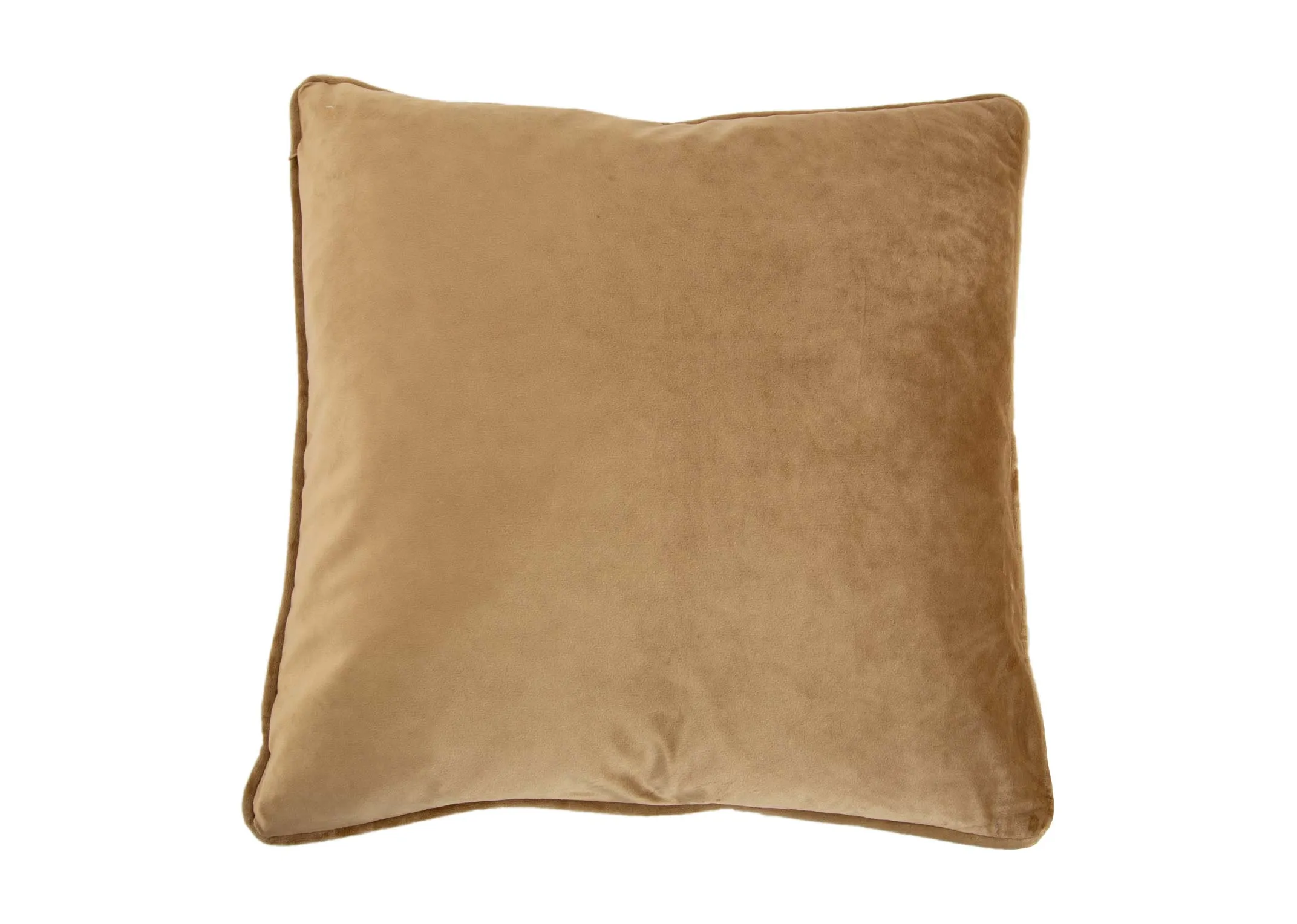 A rust cushion with teal patches from EZ Livings Cushion range. Back view of plain gold velvet side