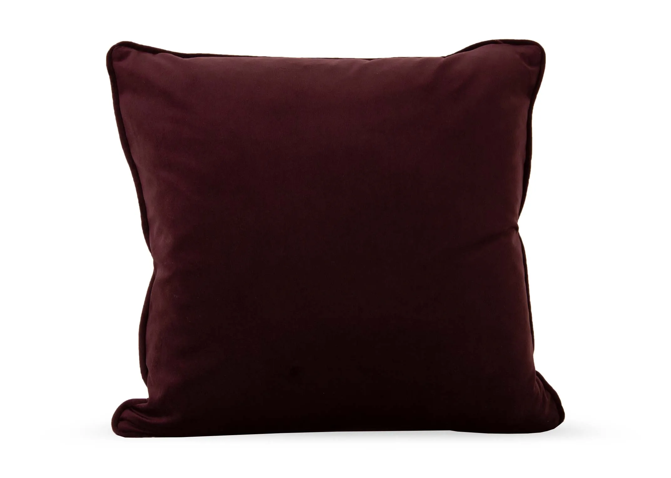 A plum velvet cushion from EZ Livings Cushion range. Front view of deep purple hue.