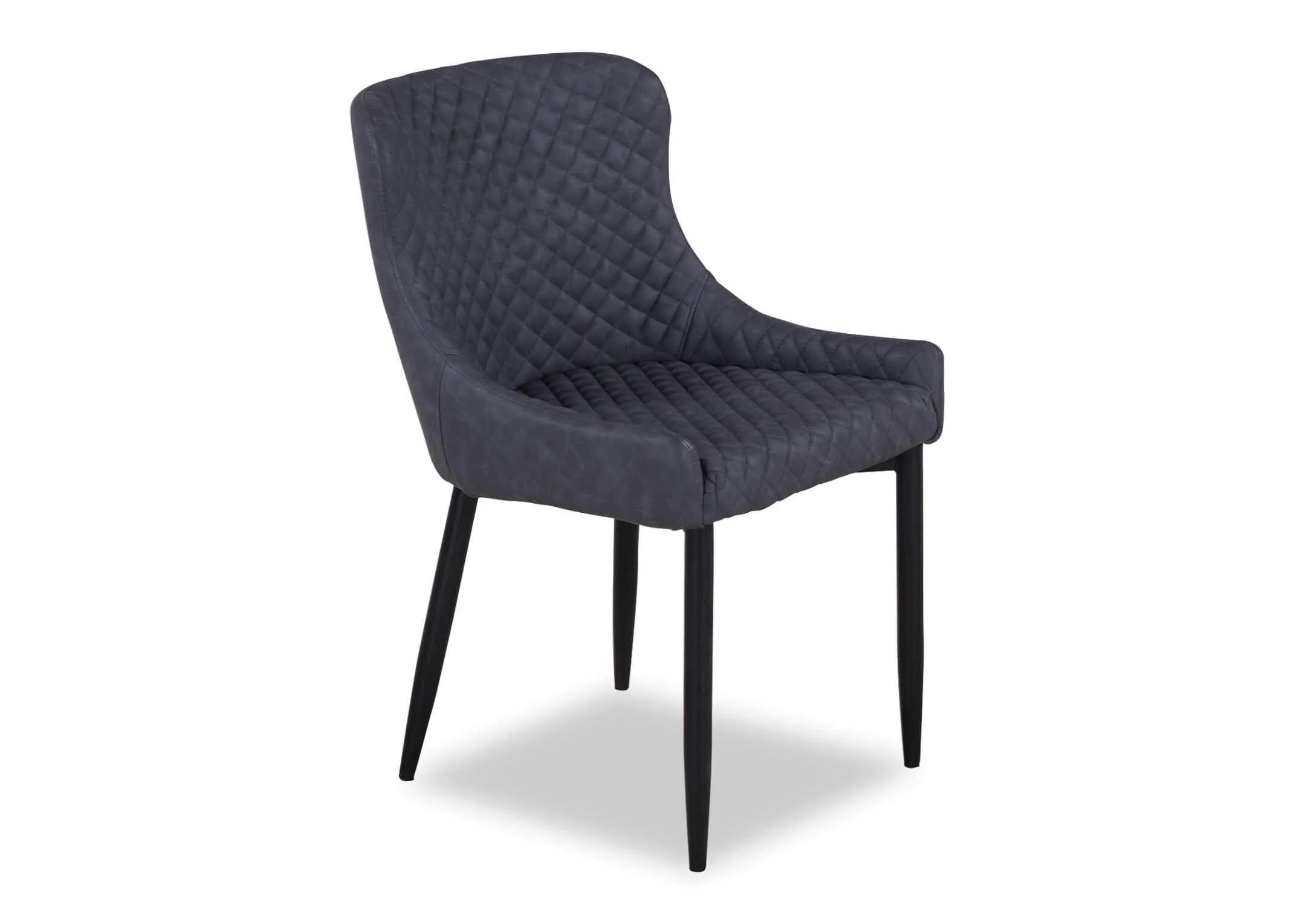 A vintage grey dining chair with dark grey faux leather from EZ Livings Ottowa range. Angled view of diamond stiching on seat and back cushion.