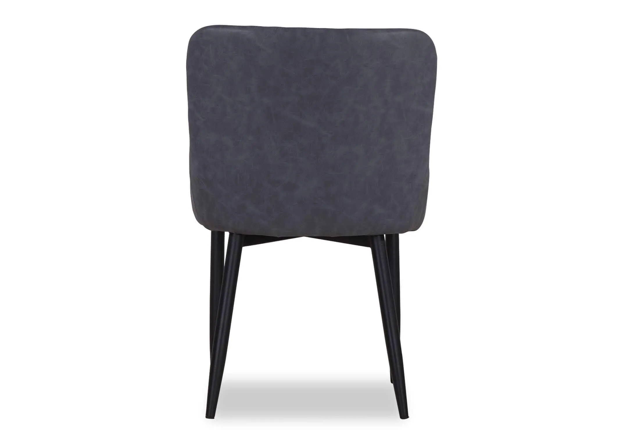 A vintage grey dining chair with dark grey faux leather from EZ Livings Ottowa range. Closeup of metal legs