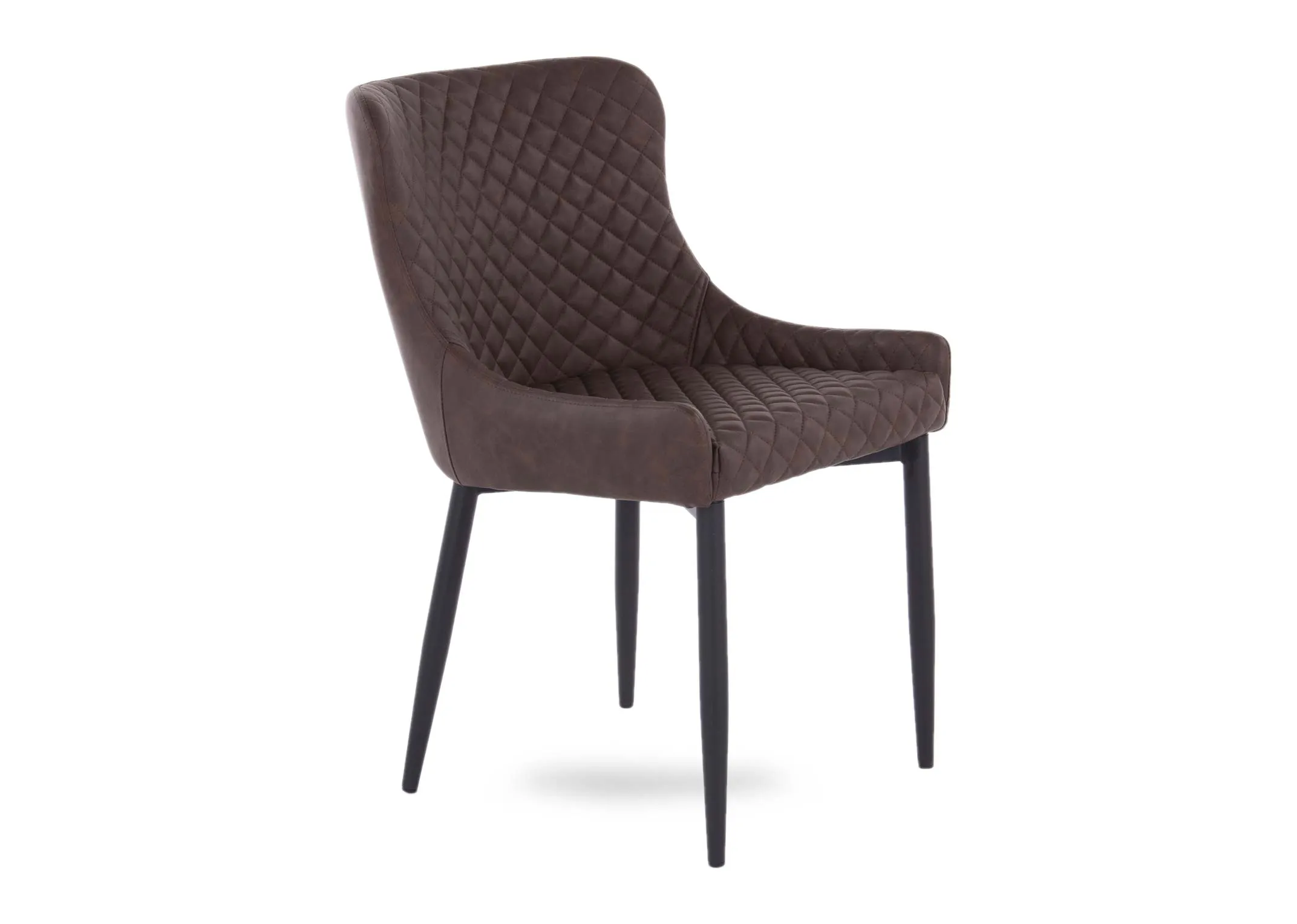 A vintage brown faux leather dining chair from EZ Living Furnitures Ottowa range. Angled view of texture seat & metal legs.
