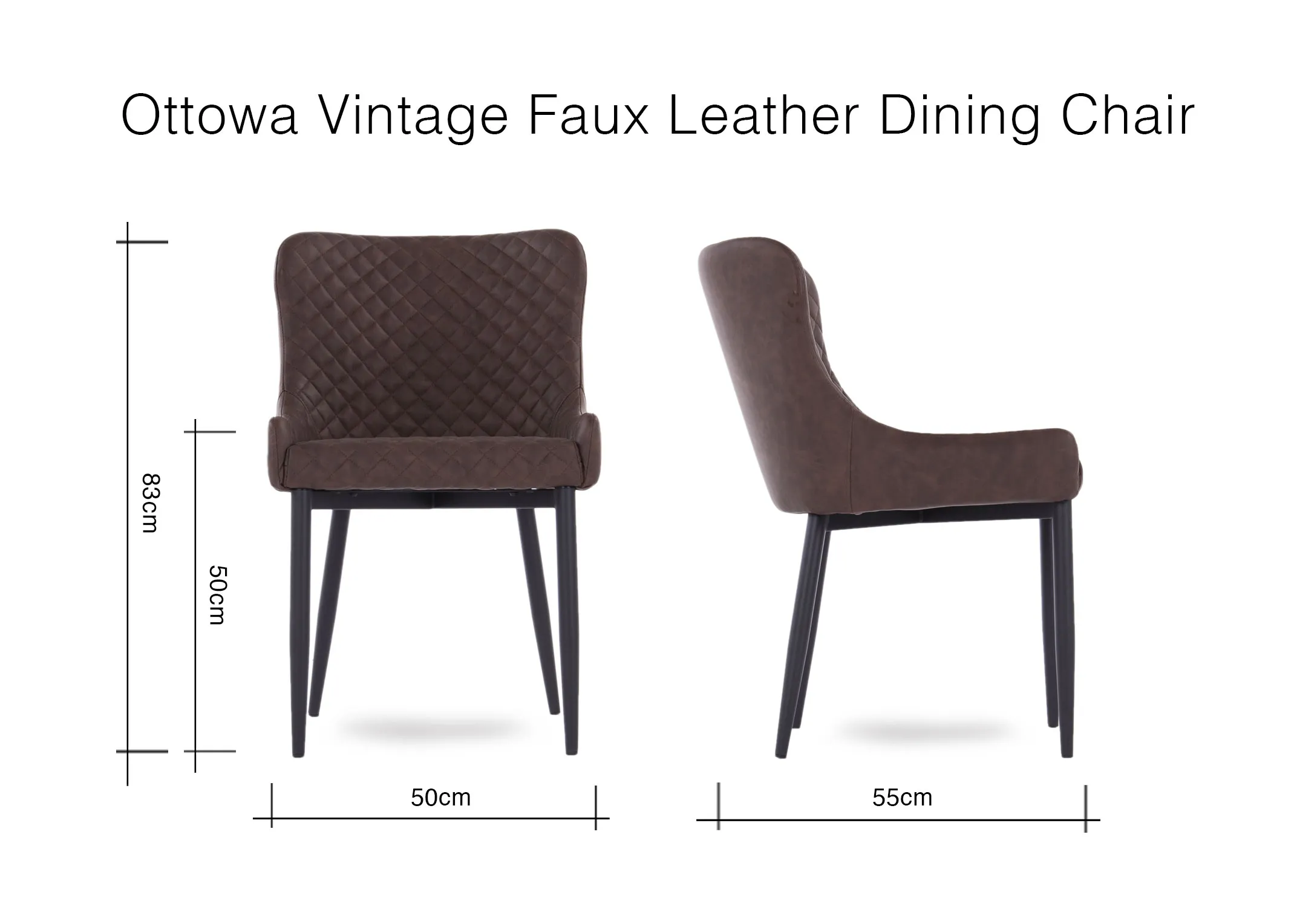 A dimension image of the Ottowa Vintage Brown Dining Chair with 50cm (width) x 55cm (depth) x 50cm (seat) x 83cm (height)