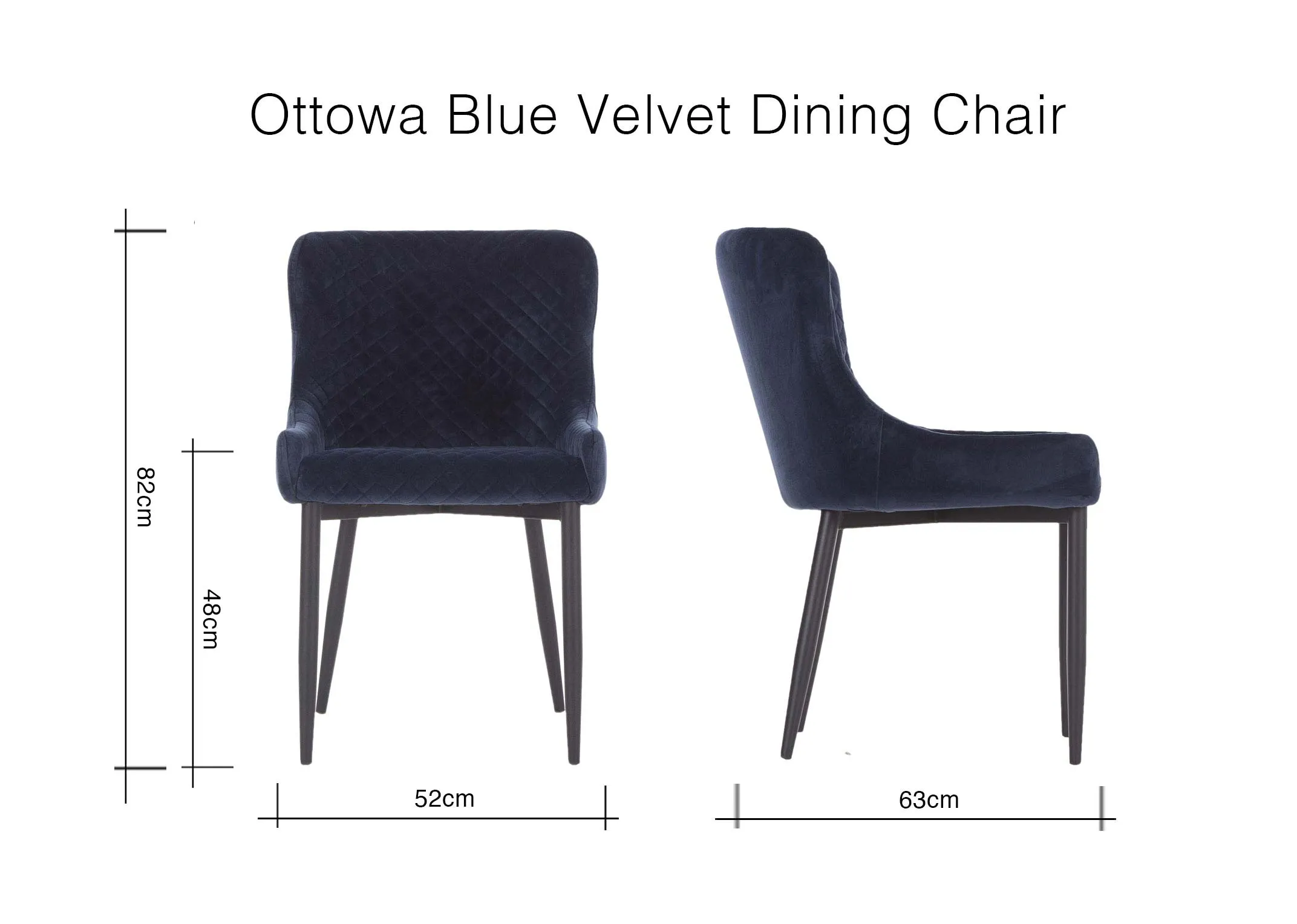 A dimension image of the Blue Ottowa Dining Chair with 52cm (Width) x 82cm (Height) x 63cm (Depth)