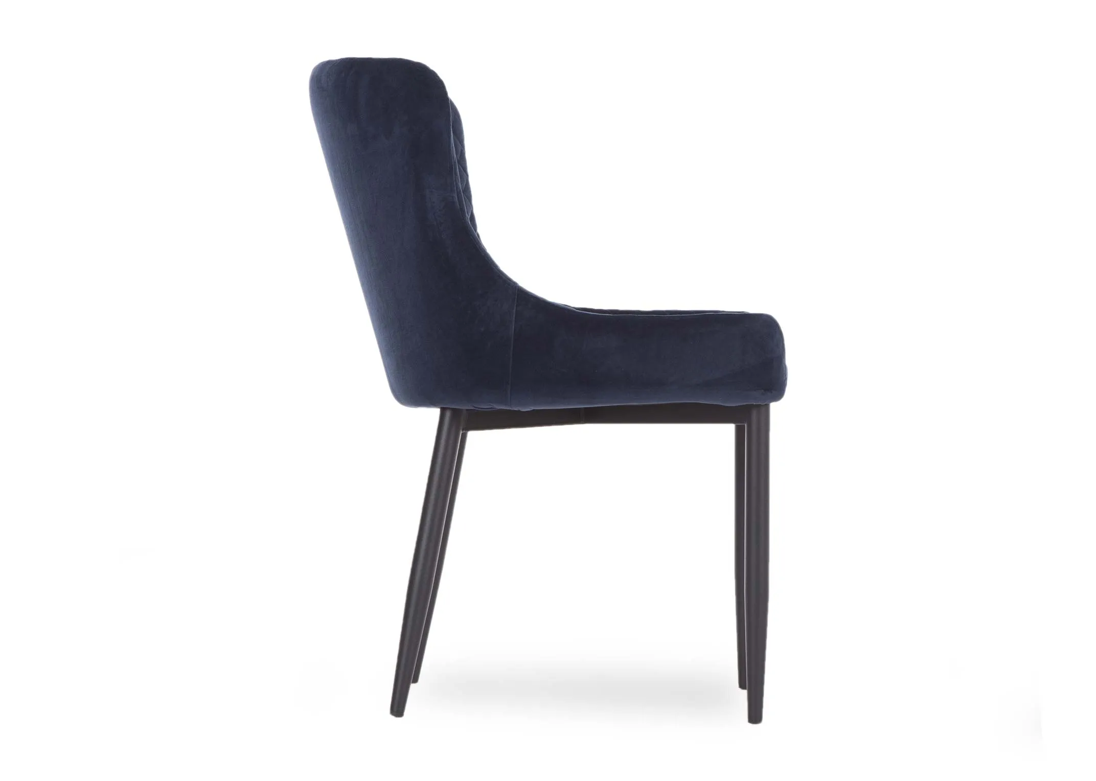 A blue velvet dining chair with patterned back & seat & metal legs from EZ Living Furniture.