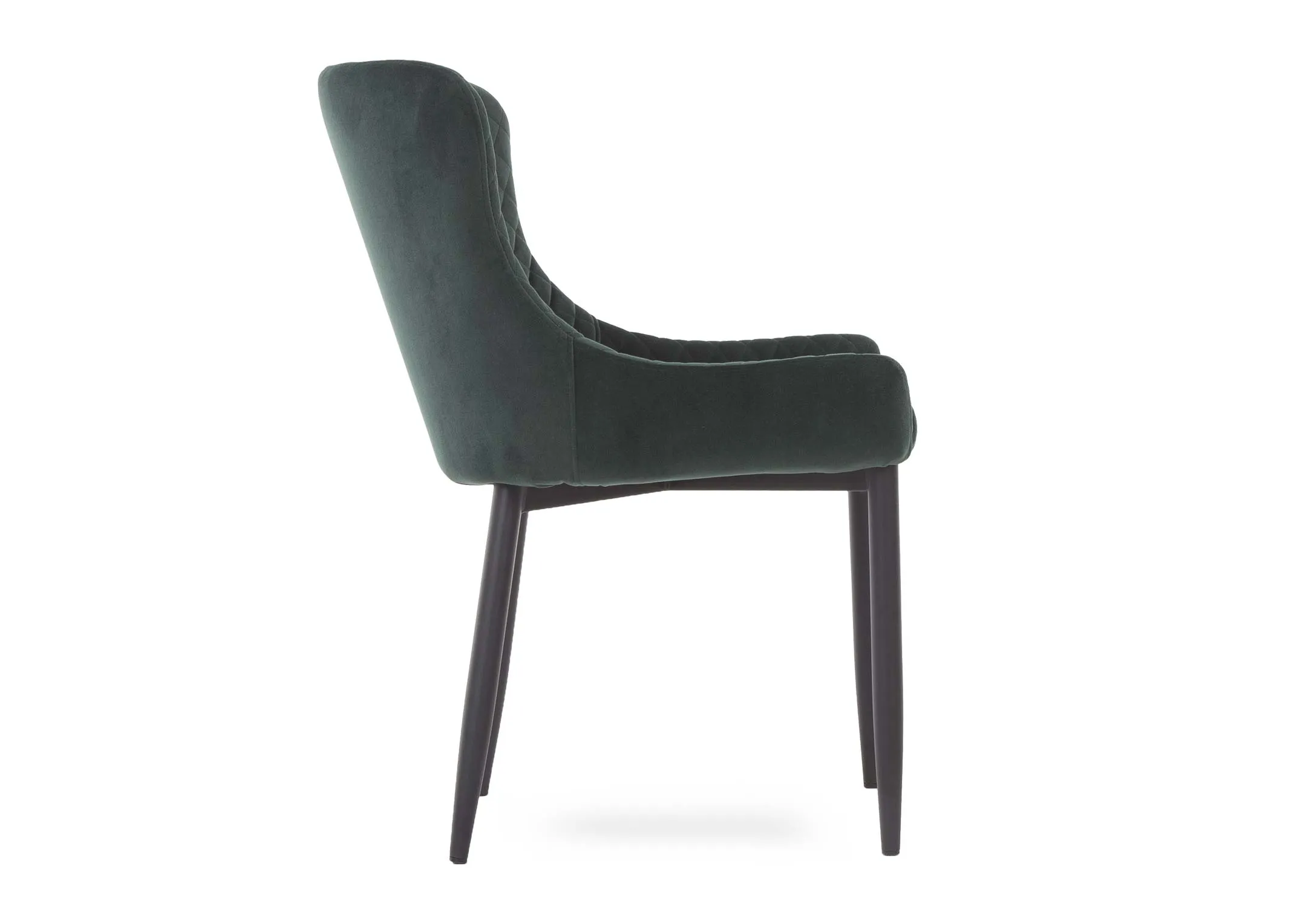 A dining chair with green cushioned velvet seat & metal legs from EZ Living Furnitures Ottowa range. Back view of arch seat.