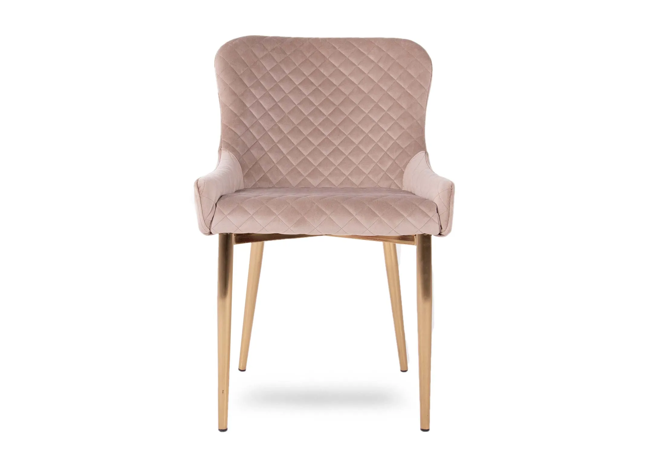 A taupe velvet dining chair with gold legs from Ez Living Furnitures Ottowa range. Front view of diamond shaped pattern.
