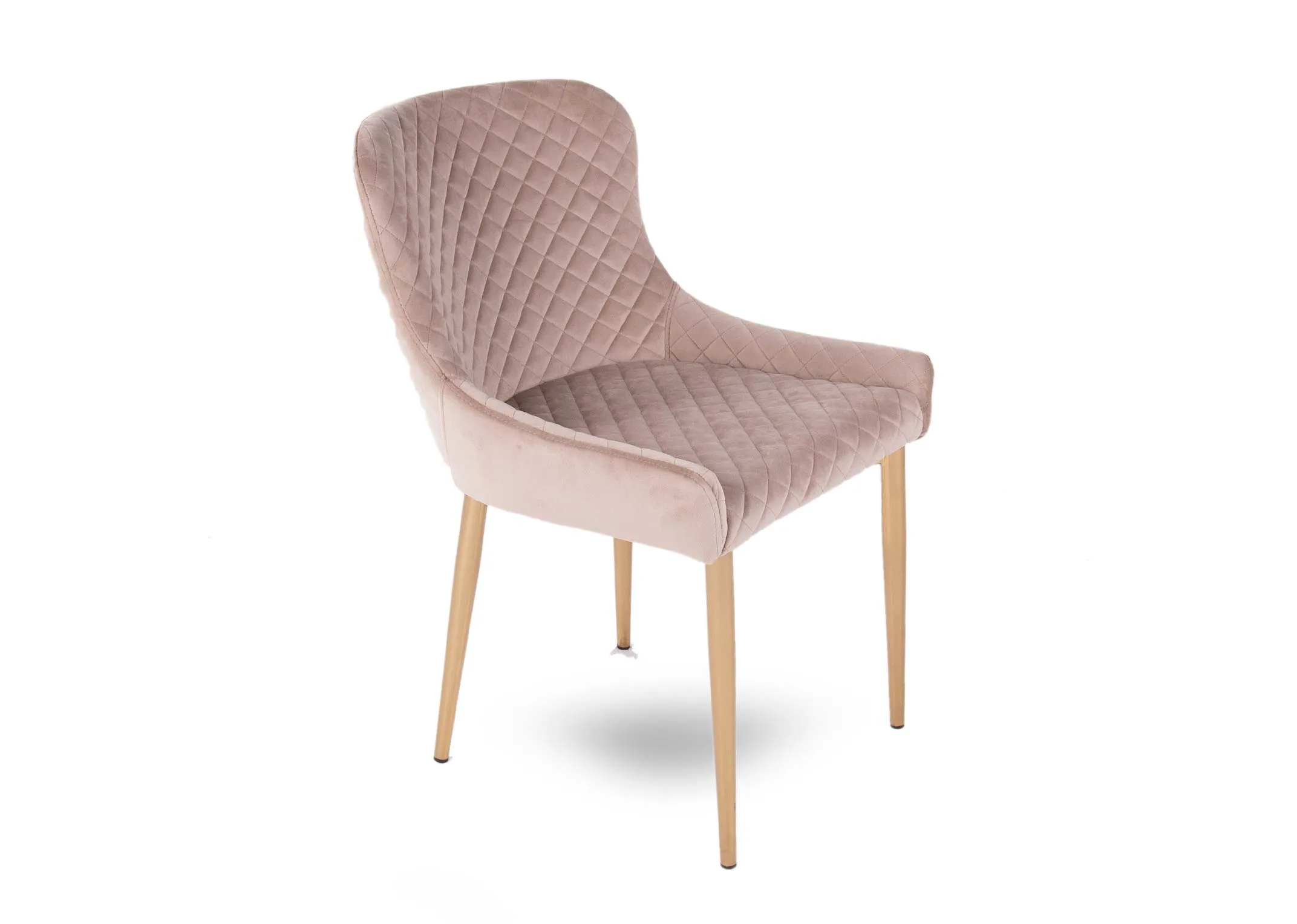 A taupe velvet dining chair with gold legs from Ez Living Furnitures Ottowa range. Angled view of the textured fabric.