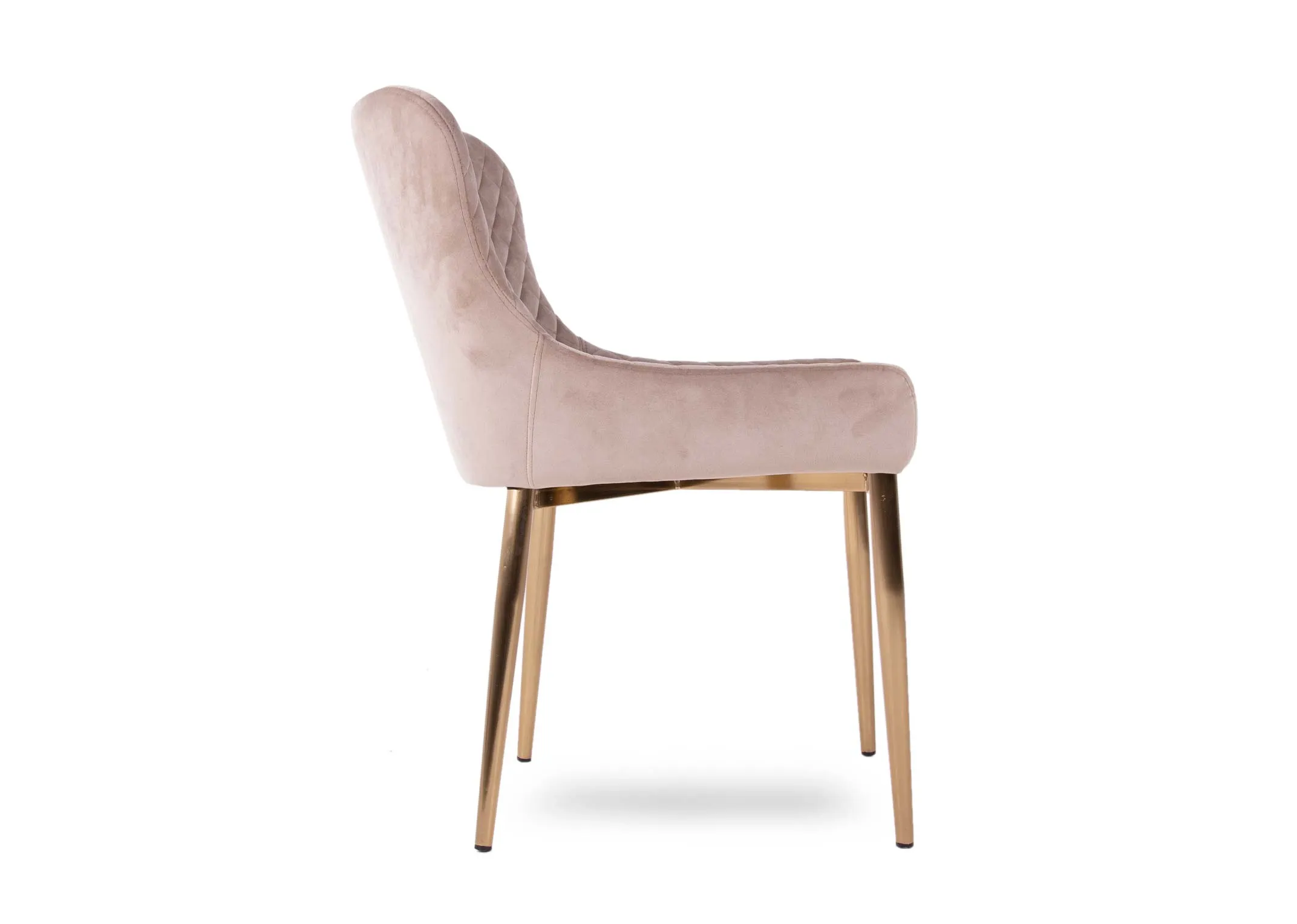 A taupe velvet dining chair with gold legs from Ez Living Furnitures Ottowa range. Side view of the metal frame & legs