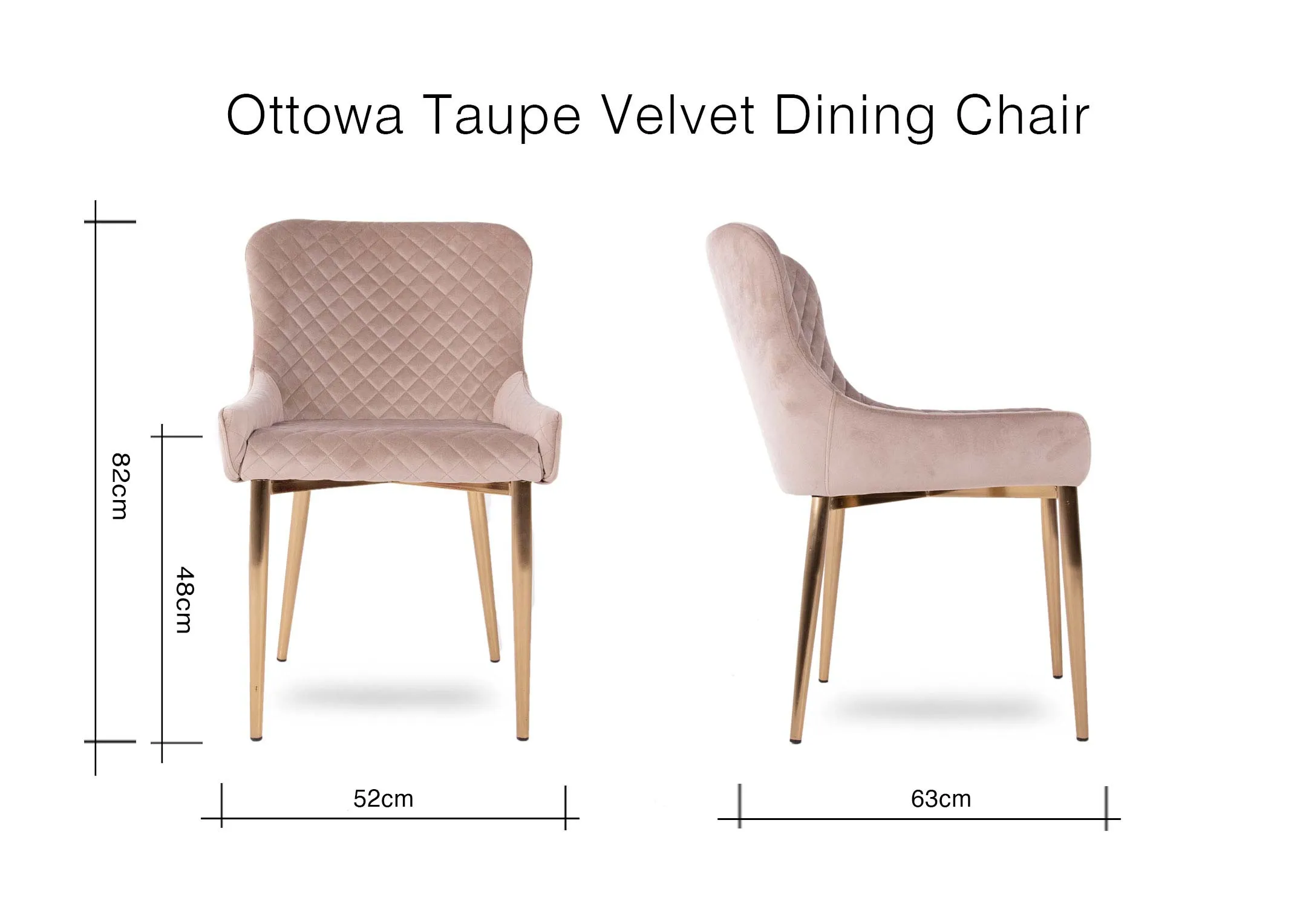 A dimension image of the Taupe Ottowa Dining chair with 52cm W x 63cmD x 82cm h x