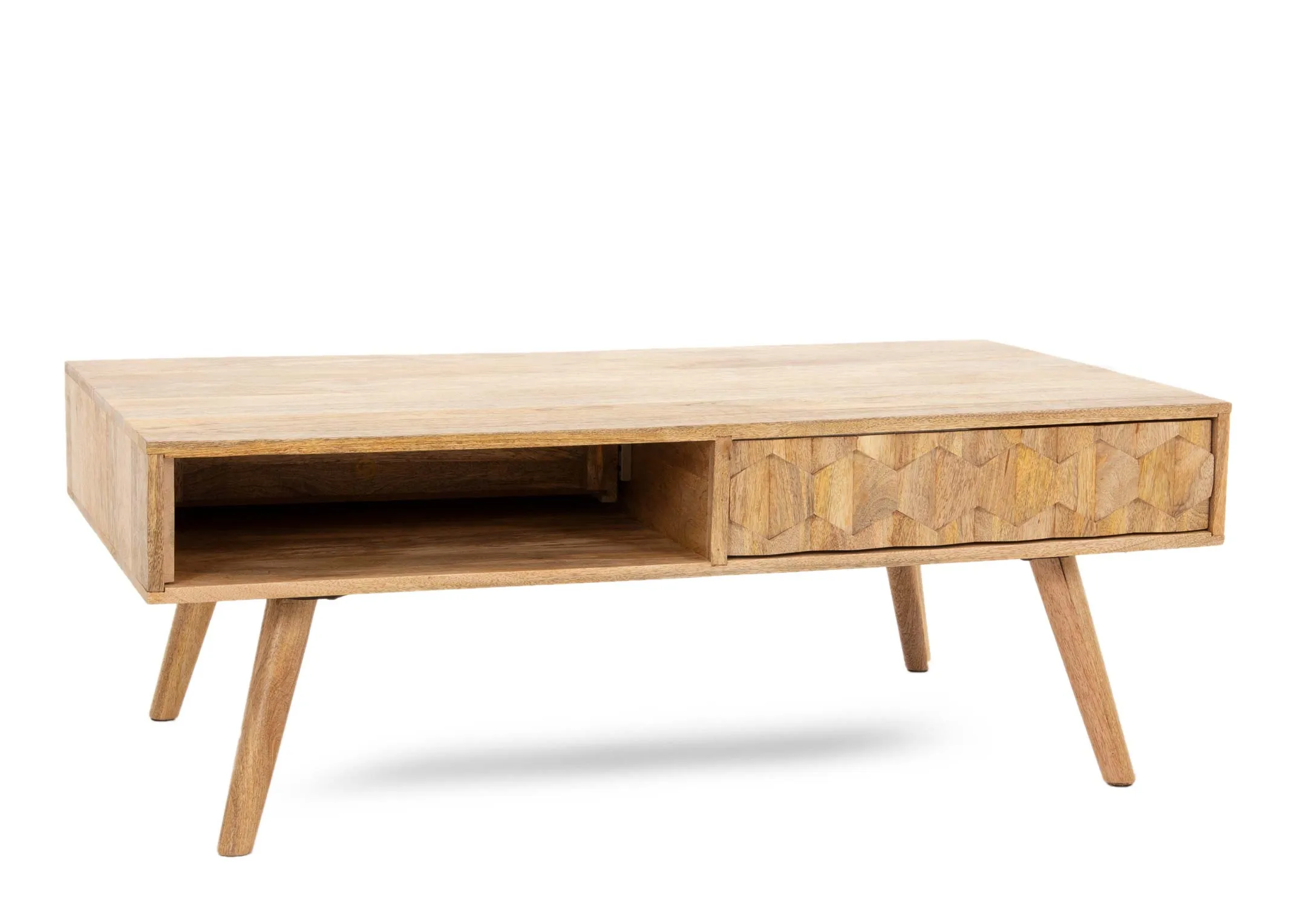 A light mango wood 2 drawer coffee table from EZ Livings Cologne range. Angled view of exposed shelf on left