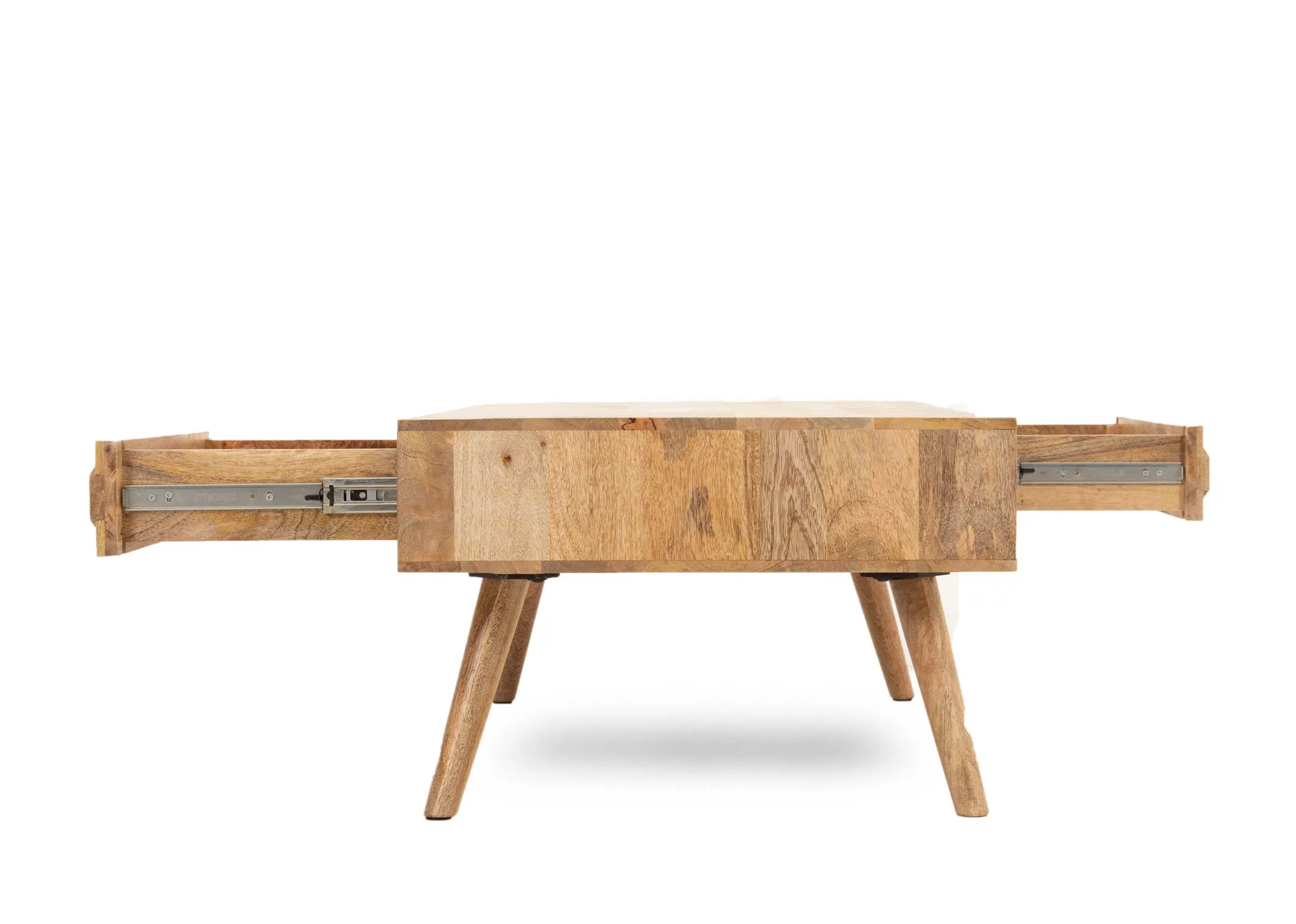 A light mango wood 2 drawer coffee table from EZ Livings Cologne range. Side view of drawers open on either side