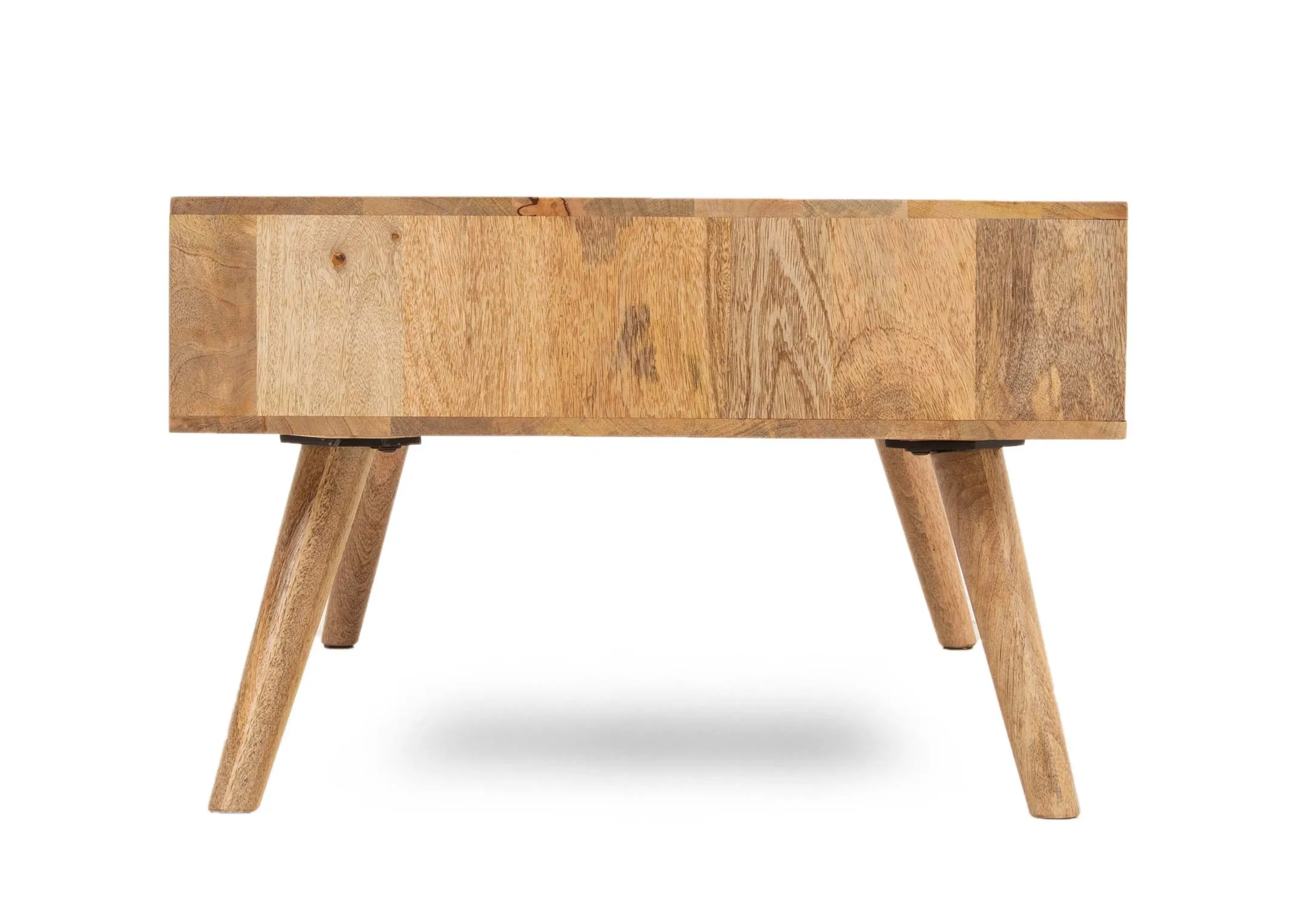 A light mango wood 2 drawer coffee table from EZ Livings Cologne range. Side view of tapered legs