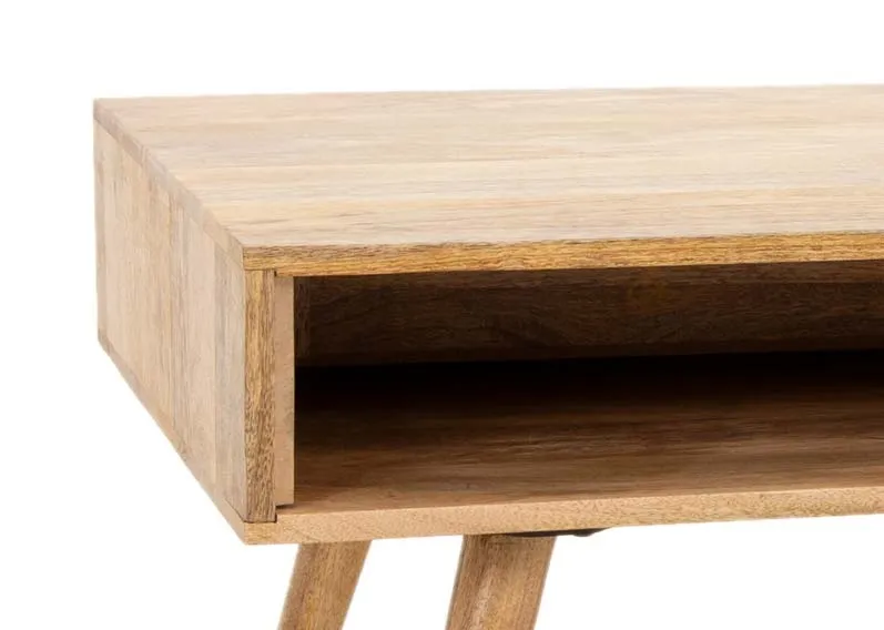 A light mango wood 2 drawer coffee table from EZ Livings Cologne range. Closeup of shelf space for reading material