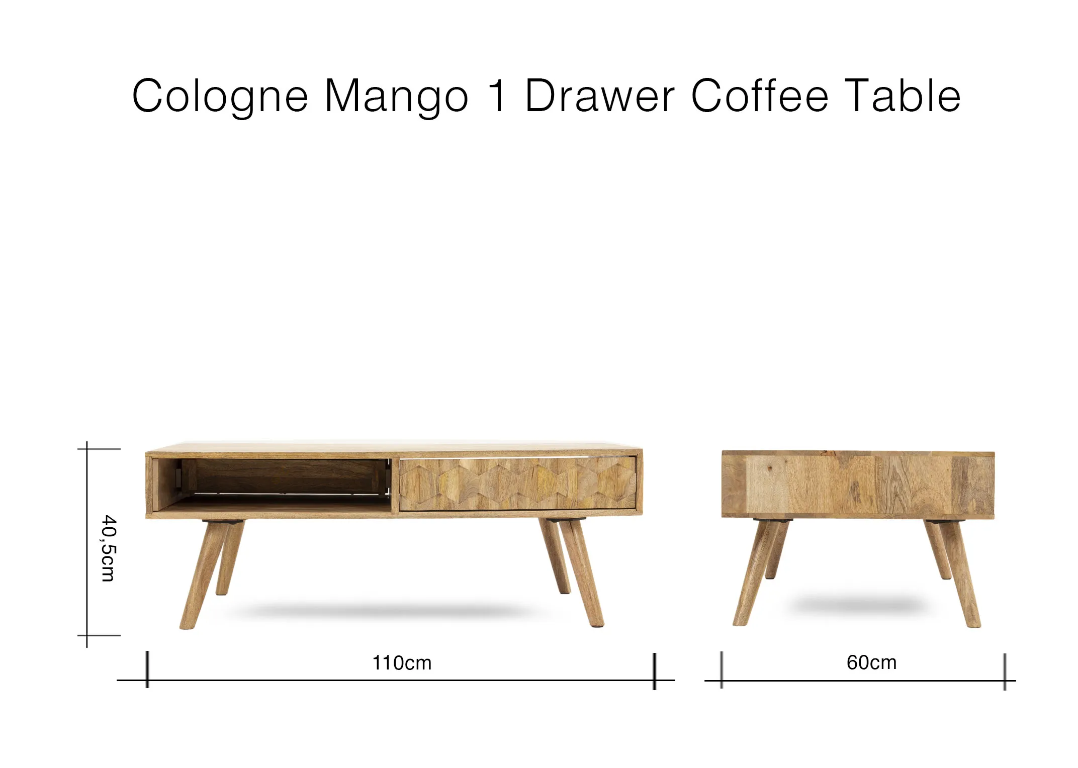 A dimension image for the Cologne Mango Coffee Table with 110cm x 60cm x 40.5cm