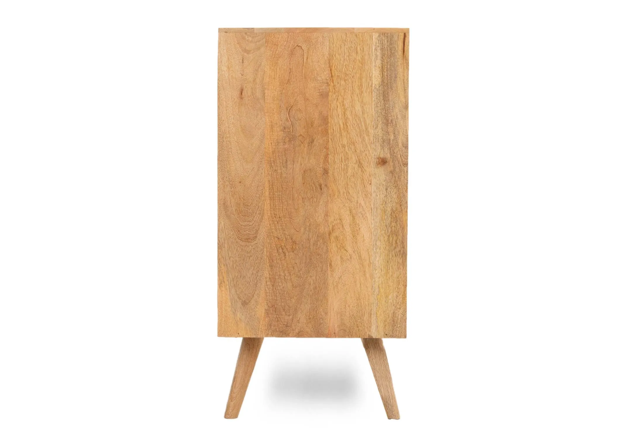 A light mango wood 3 door sideboard from EZ Livings Cologne range. Front view of 6 shelves for storage