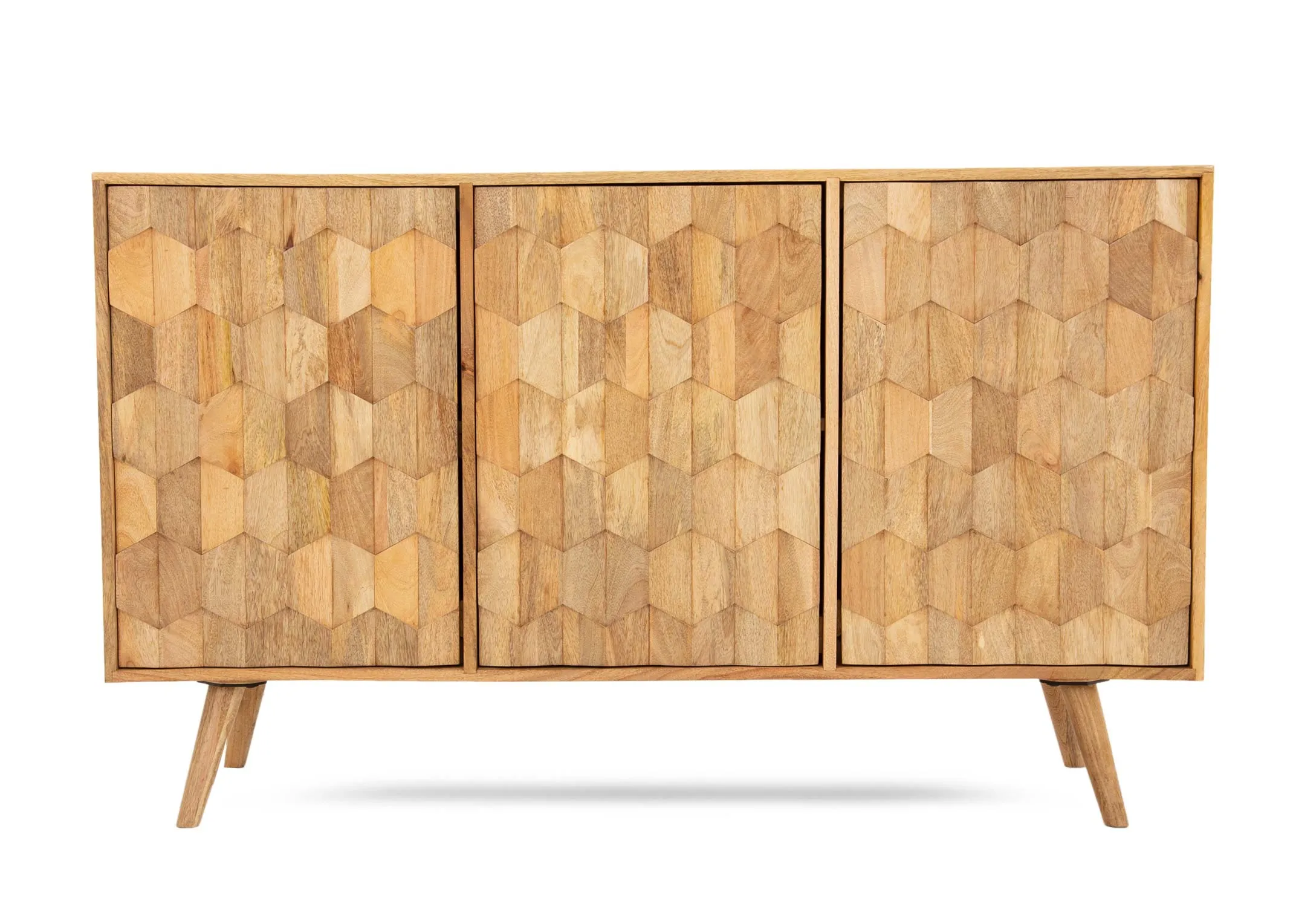 A light mango wood 3 door sideboard from EZ Livings Cologne range. Closeup of wood finish