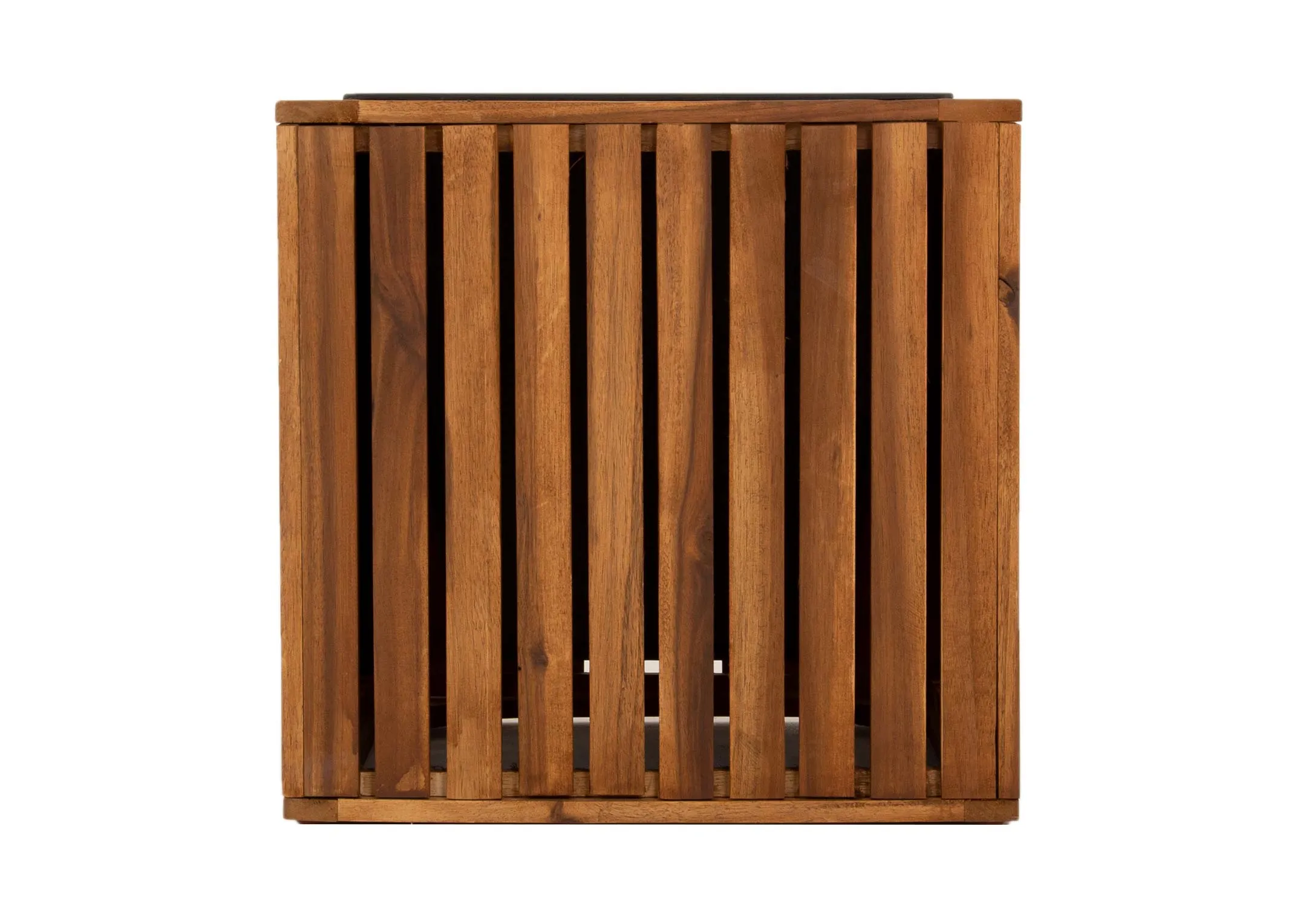 A brown slat wood rectangular planter from EZ Livings Santa Cruz range. Front view of acacia wood effect slats
