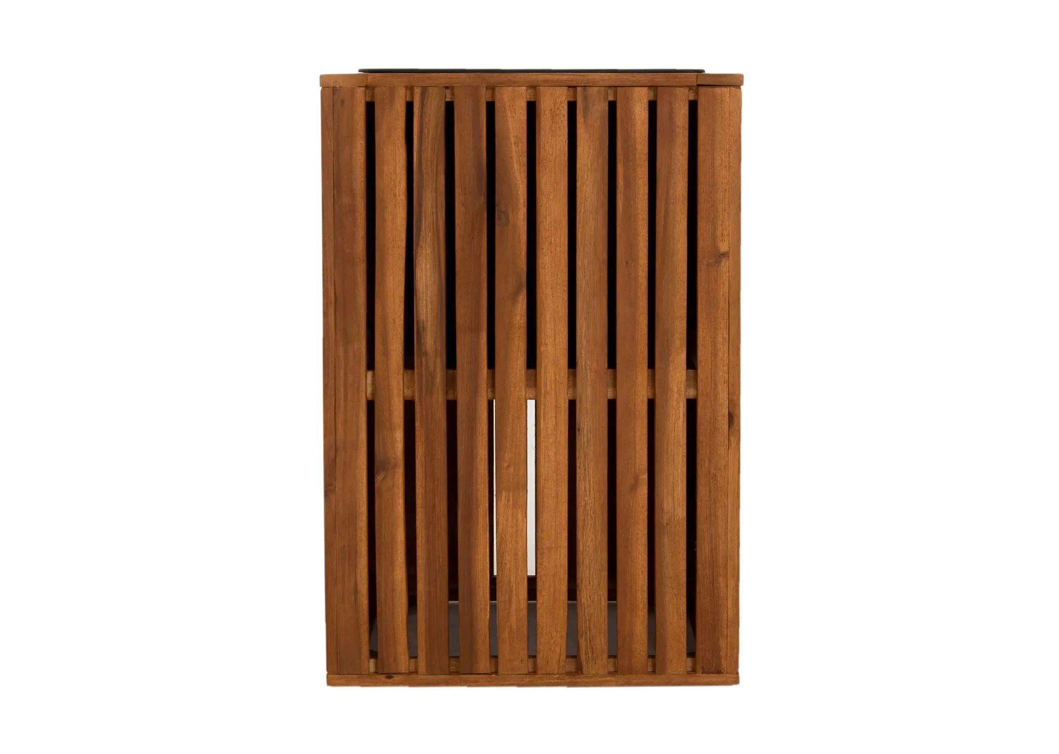 A brown slat wood rectangular planter from EZ Livings Santa Cruz range.  Front view of slat detail