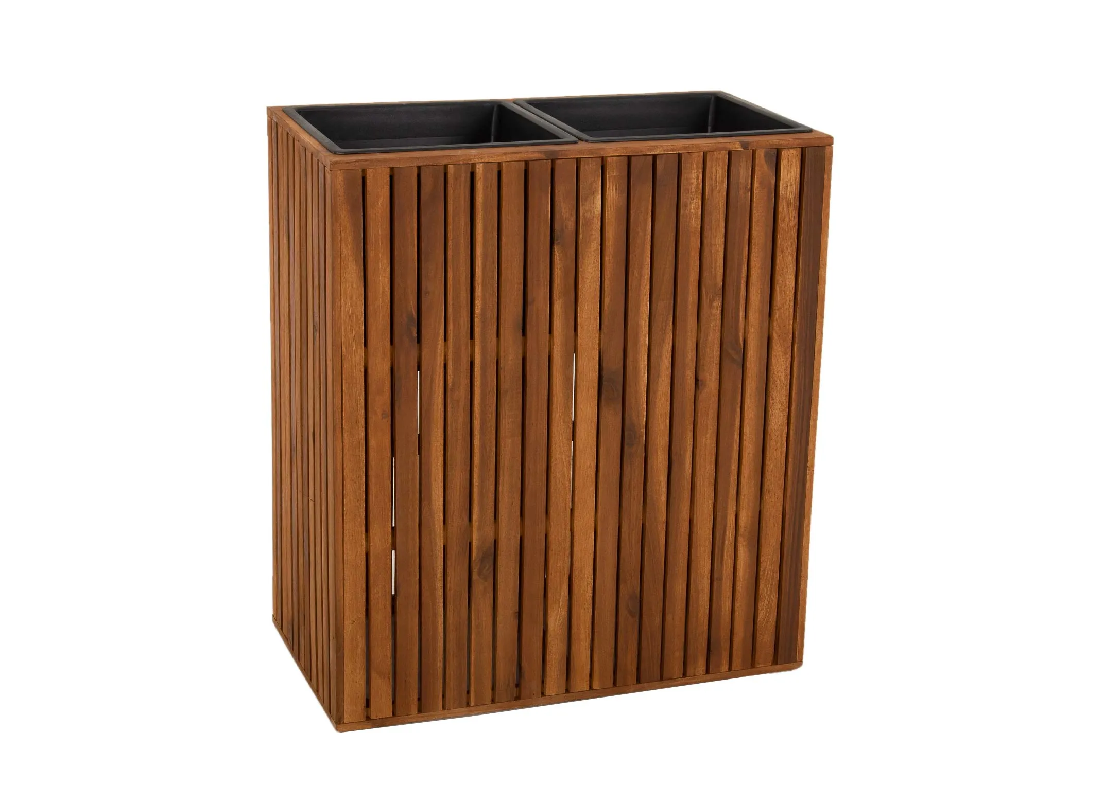 A brown slat wood rectangular planter from EZ Livings Santa Cruz range. Angled view of acacia wood effect slats