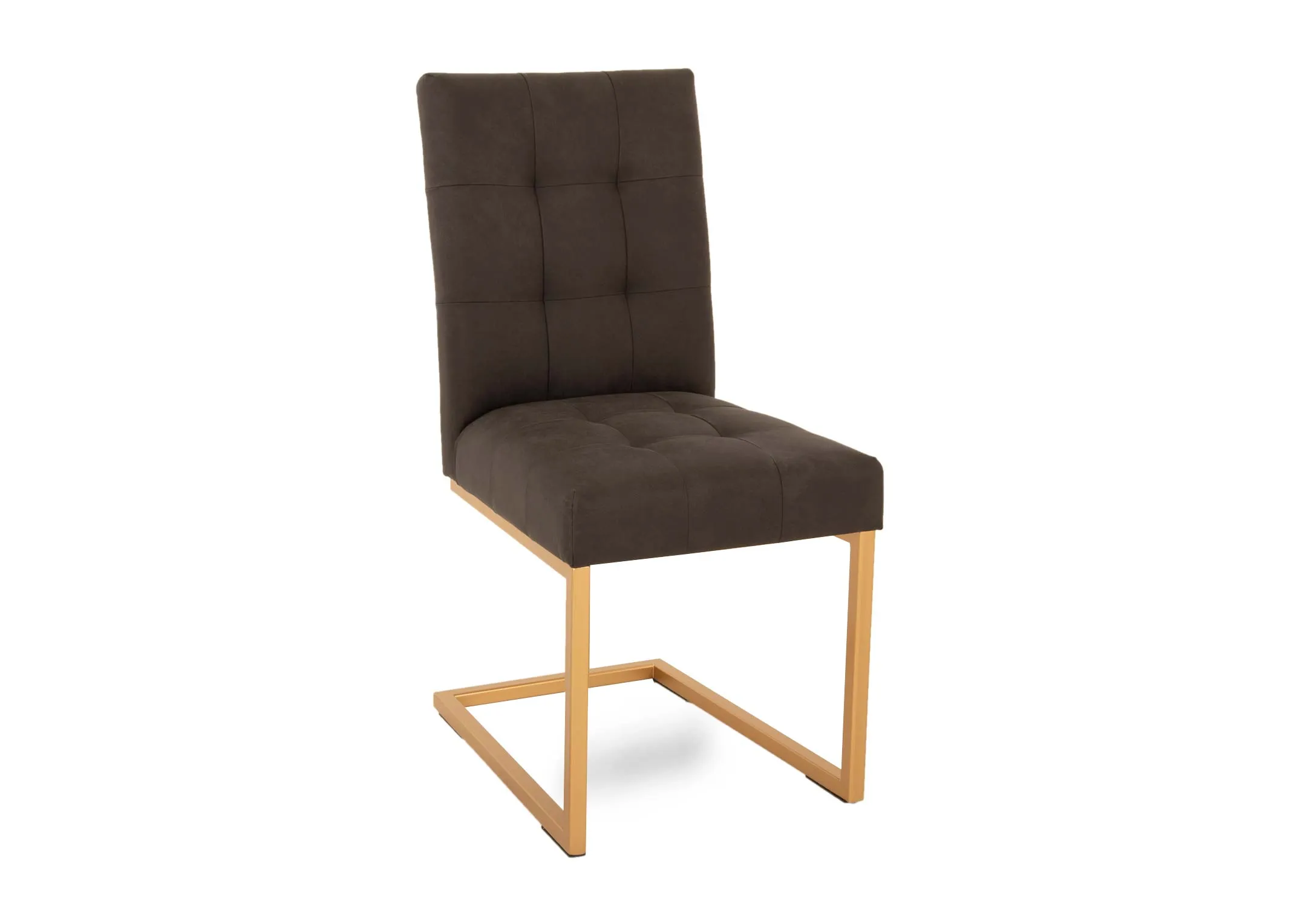 A gold metal cantilever dining chair with black fabric seat and back from EZ Livings Greenwich range. Angled view
