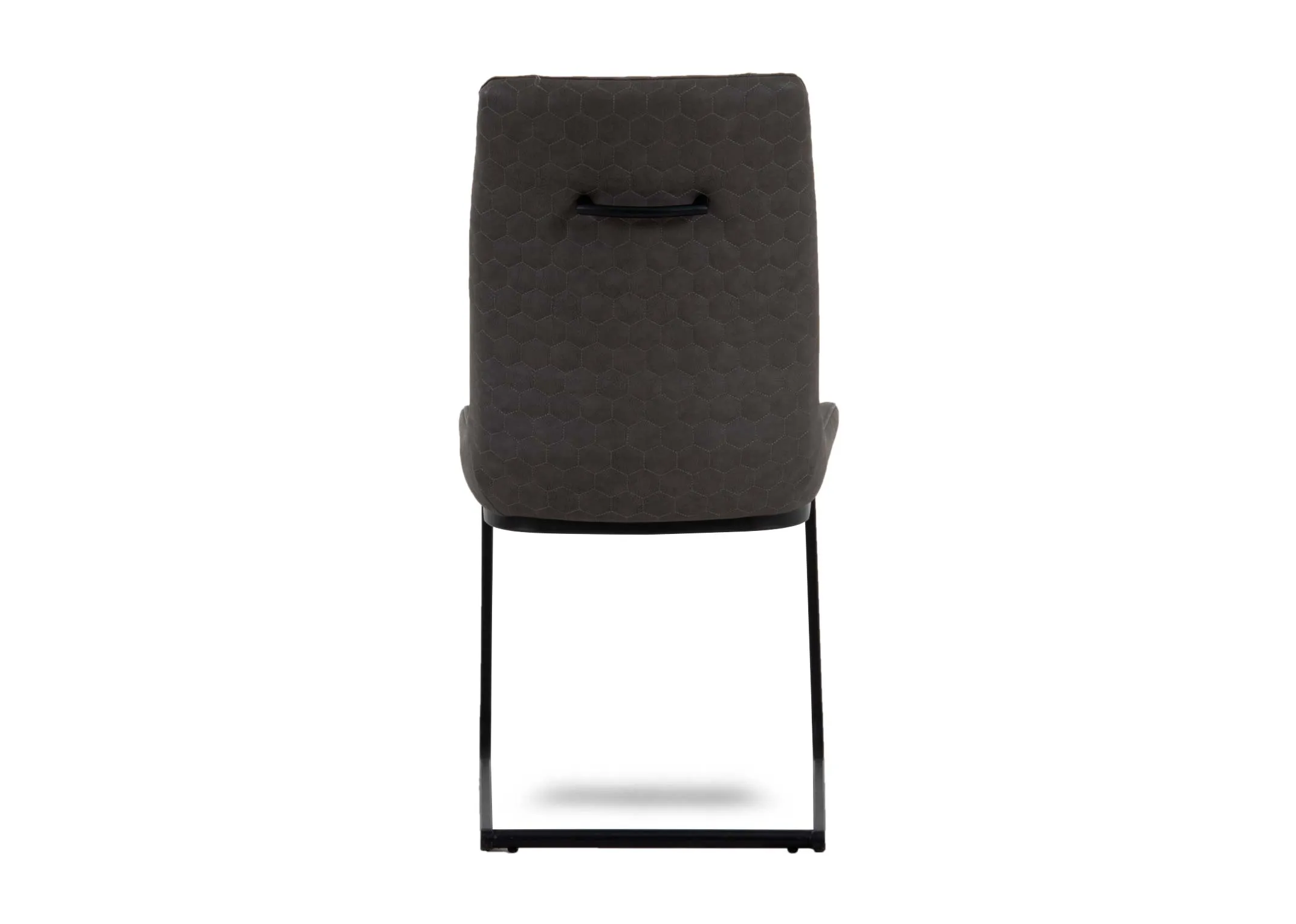A dark grey faux leather dining chair from EZ Livings Barton Range. Back view of metal handle.