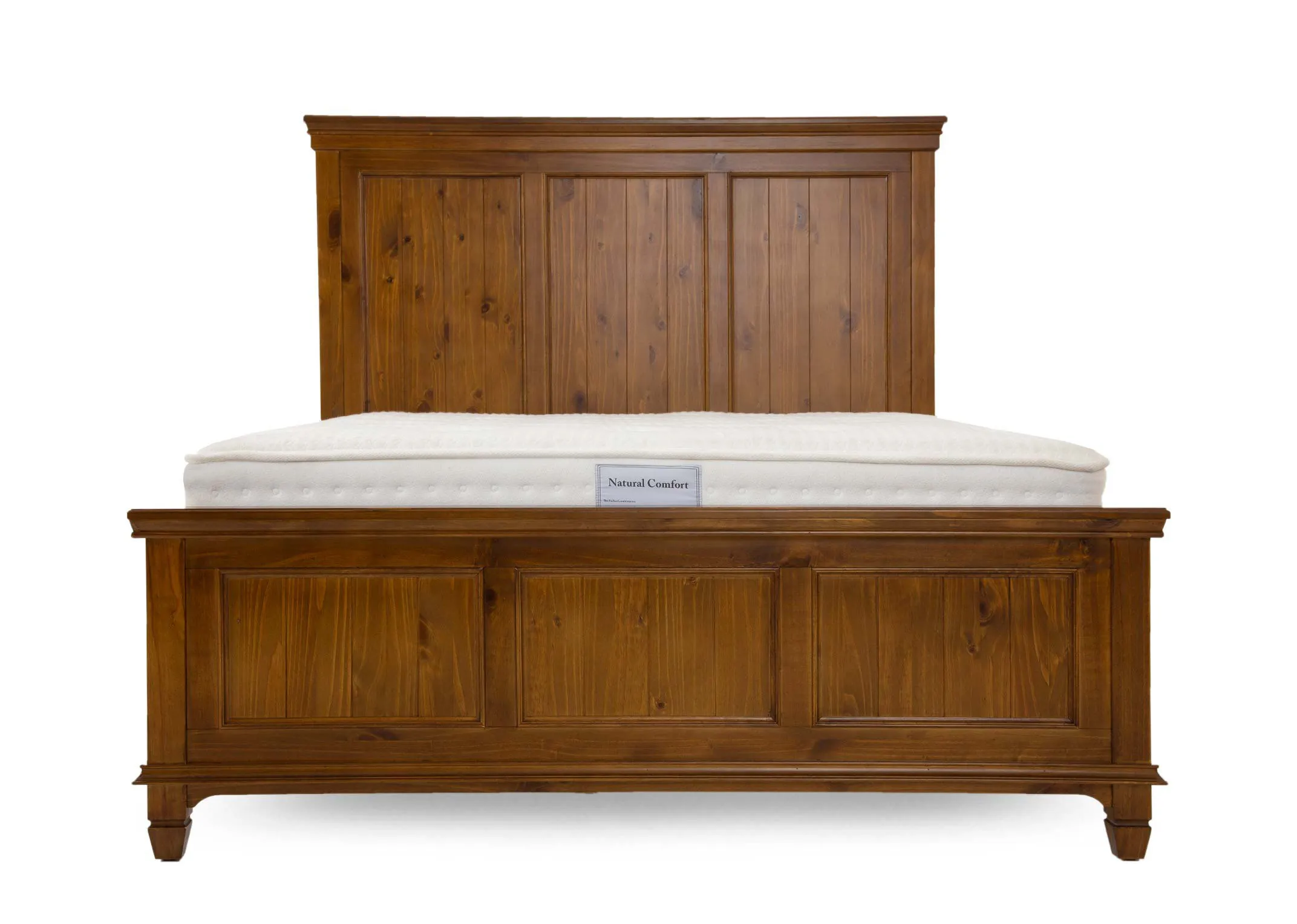 A glossy pine 4ft 6 bedframe with high headboard and footboard from EZ Livings Allyson range. Front view of 3 panels on head and footboard.