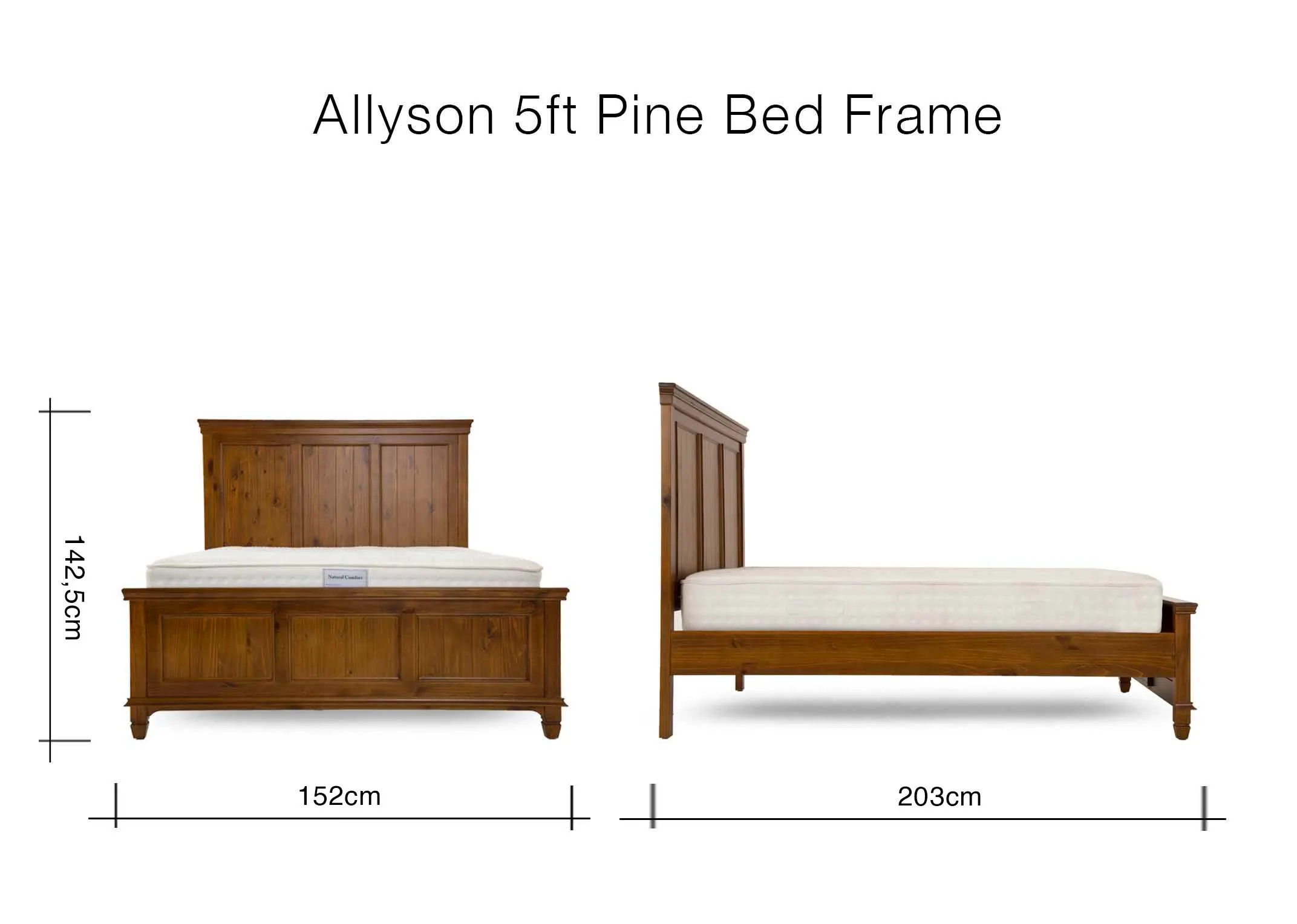 A dimension image of the Allyson 5ft bed with 153cm x 203cm