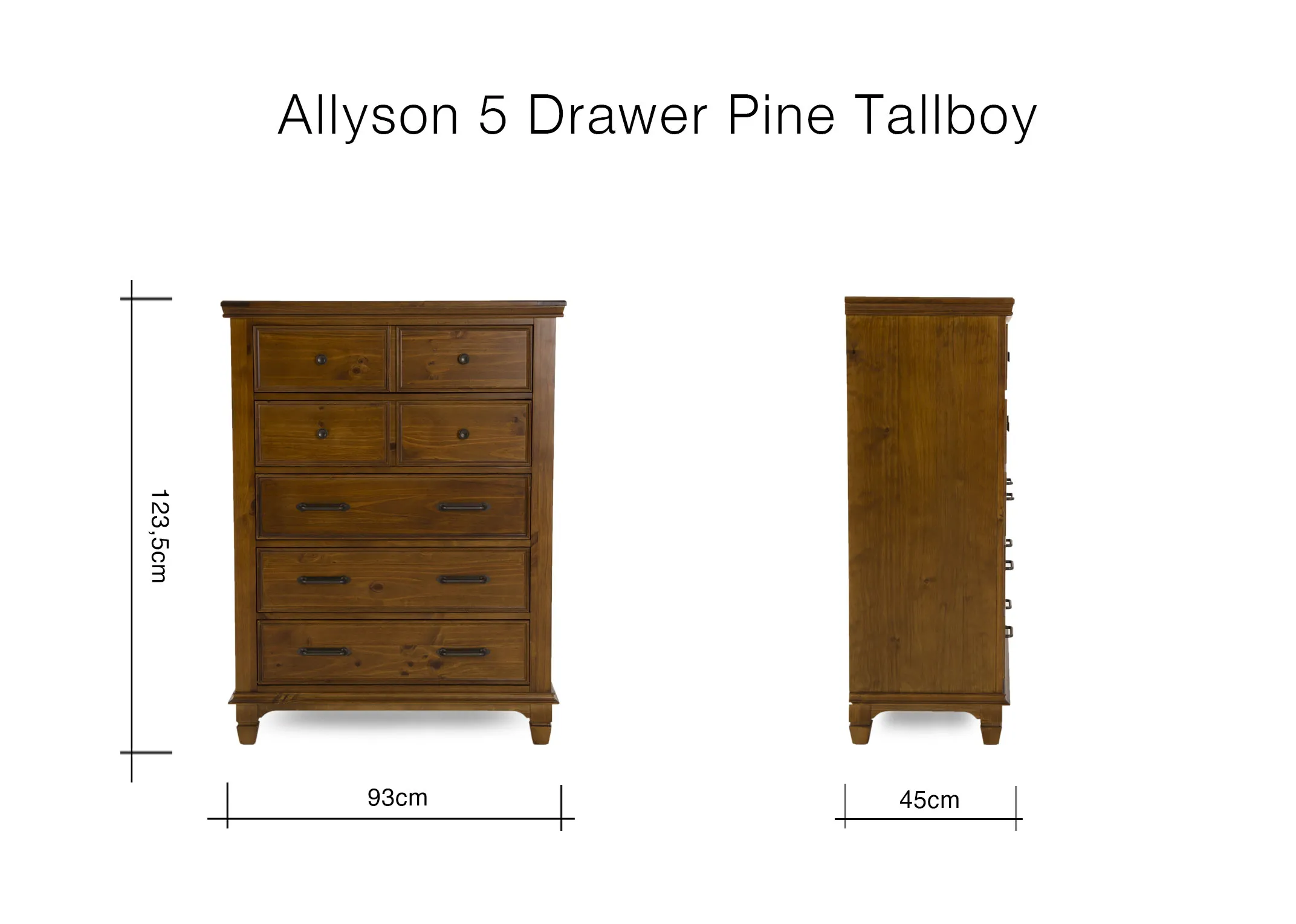 A dimension image of the Allyson Tallboy with 93cm x 123cm x 45cm