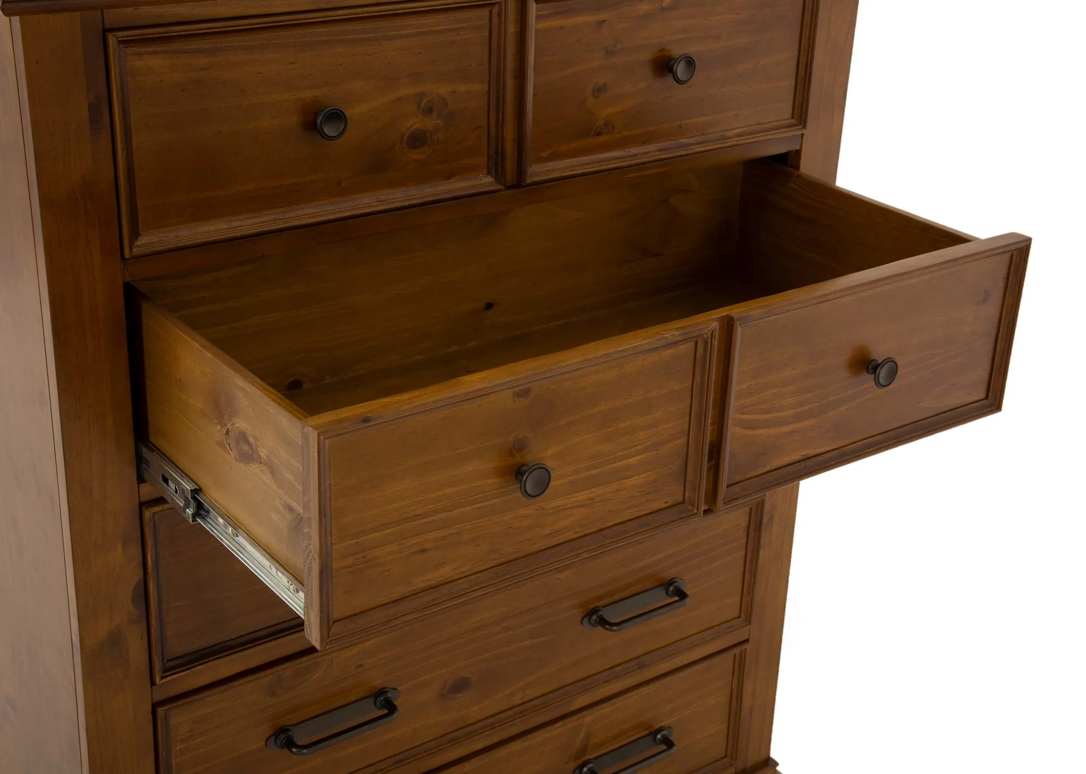 A brown pine wood 5 drawer chest from EZ Livings Allyson range. Closeup of top 2 drawers show double drawer fascia only
