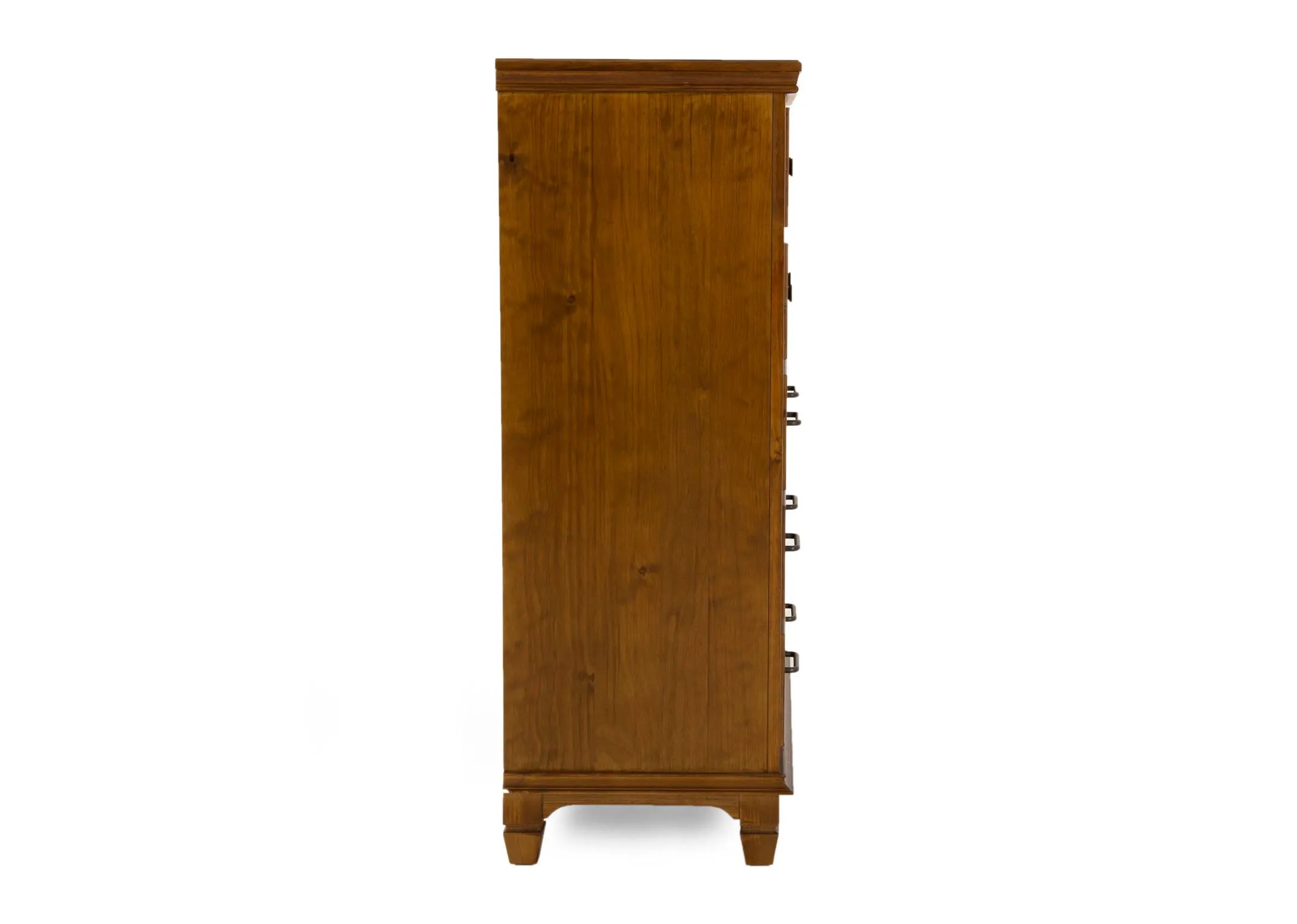 A brown pine wood 5 drawer chest from EZ Livings Allyson range. Side veiw of high legs