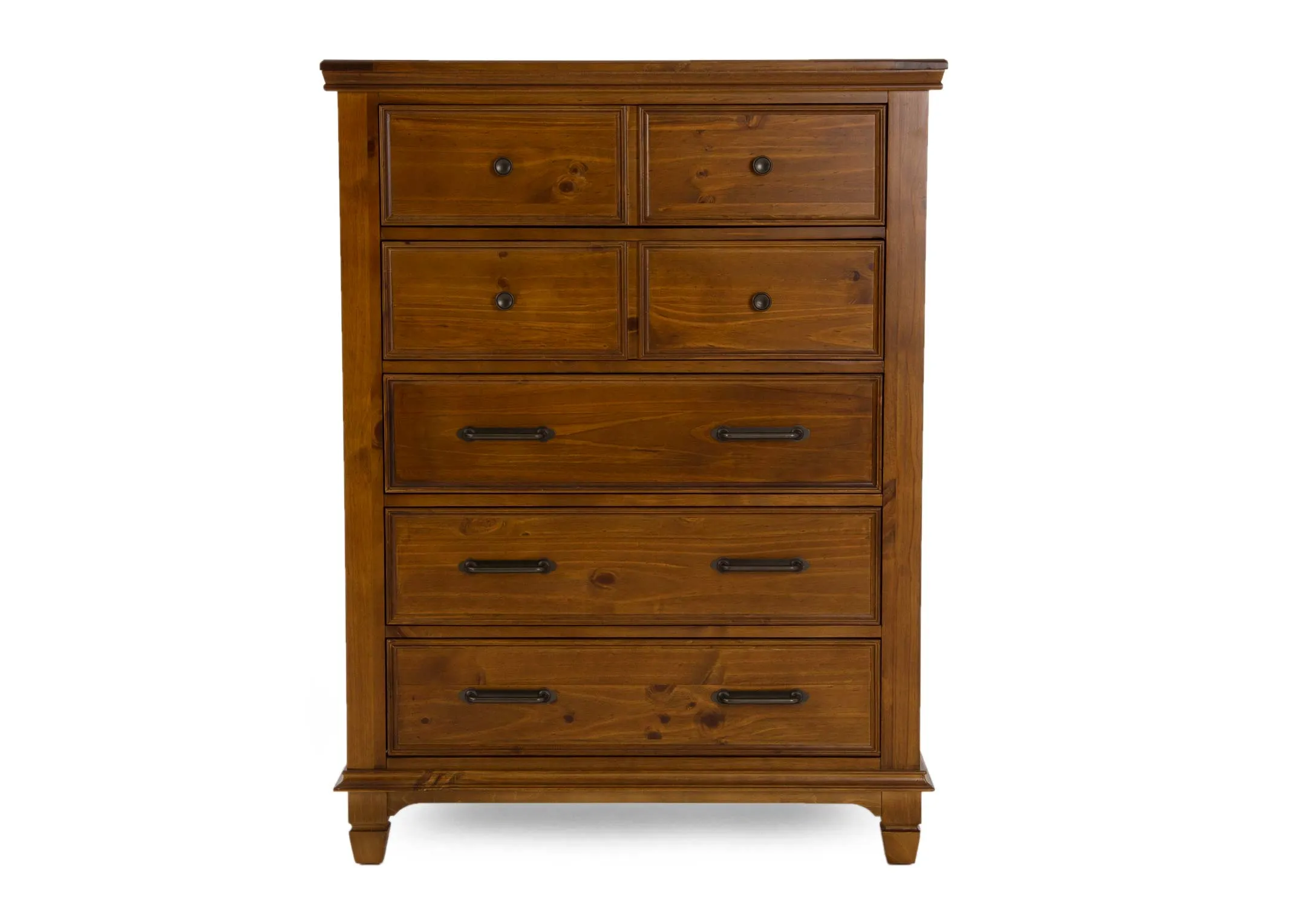 A brown pine wood 5 drawer chest from EZ Livings Allyson range. Front view of brass metal handles