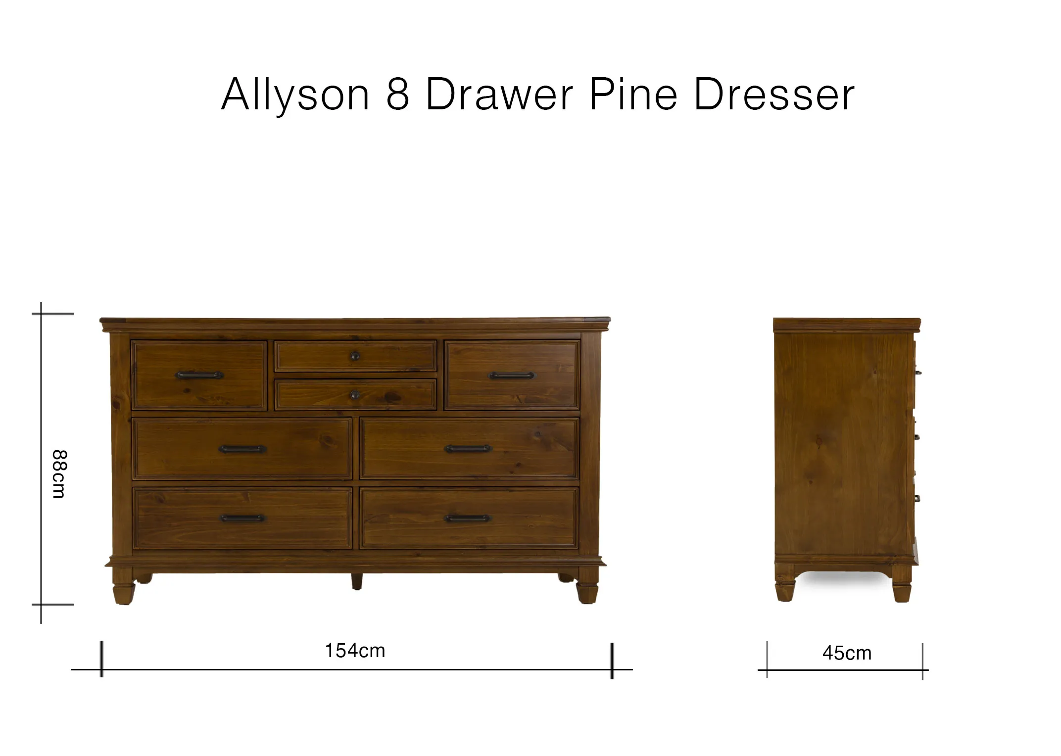 A dimension image of the Allyson Drawers with 154cm x 45cm x 88cm