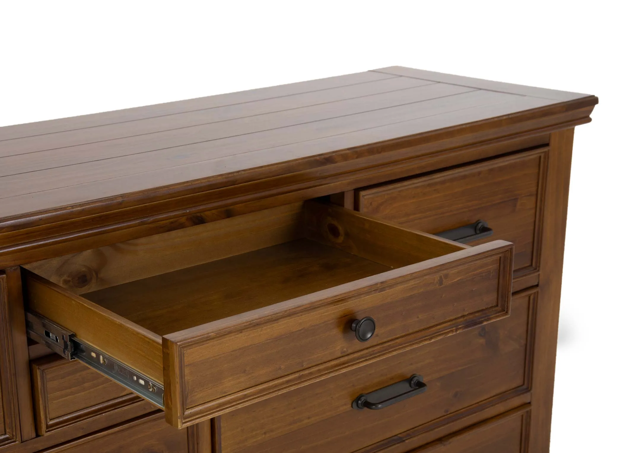 A brown pine wood 3 drawer locker from EZ Livings Allyson range. Angled view of open drawers on dual runners