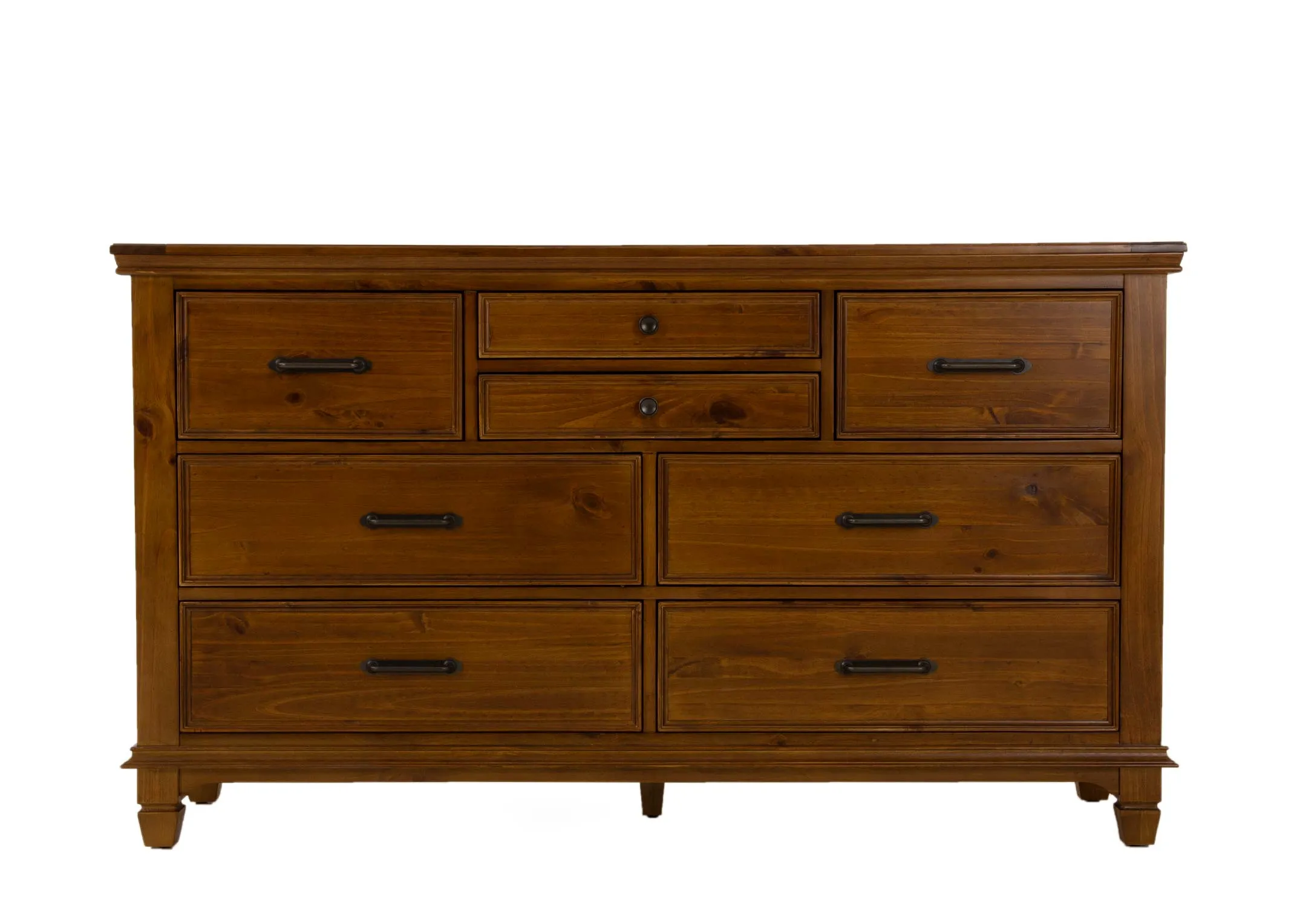 A brown pine wood 3 drawer locker from EZ Livings Allyson range. Front voew of brass handles and closed drawers