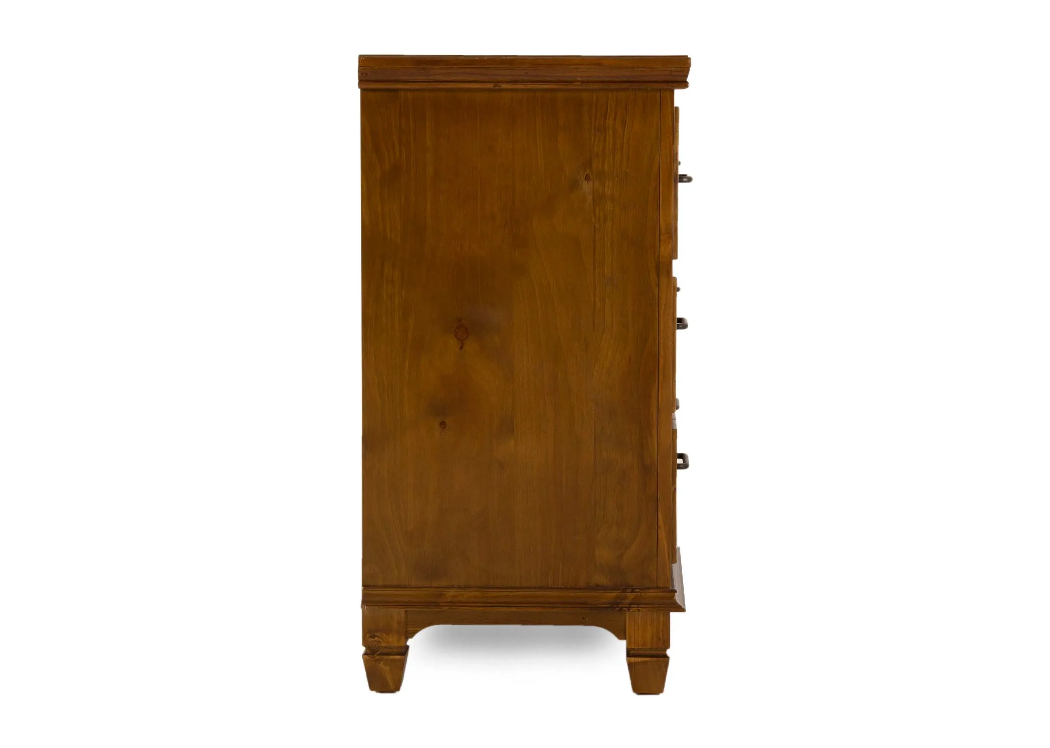 A brown pine wood 3 drawer locker from EZ Livings Allyson range. Side veiw of high legs