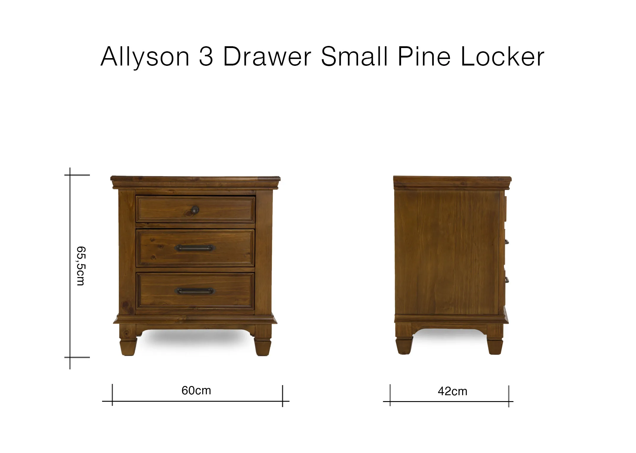A dimension image of the Allyson 3 Drawer Locker with 60cm x 42cm x 65.5cm