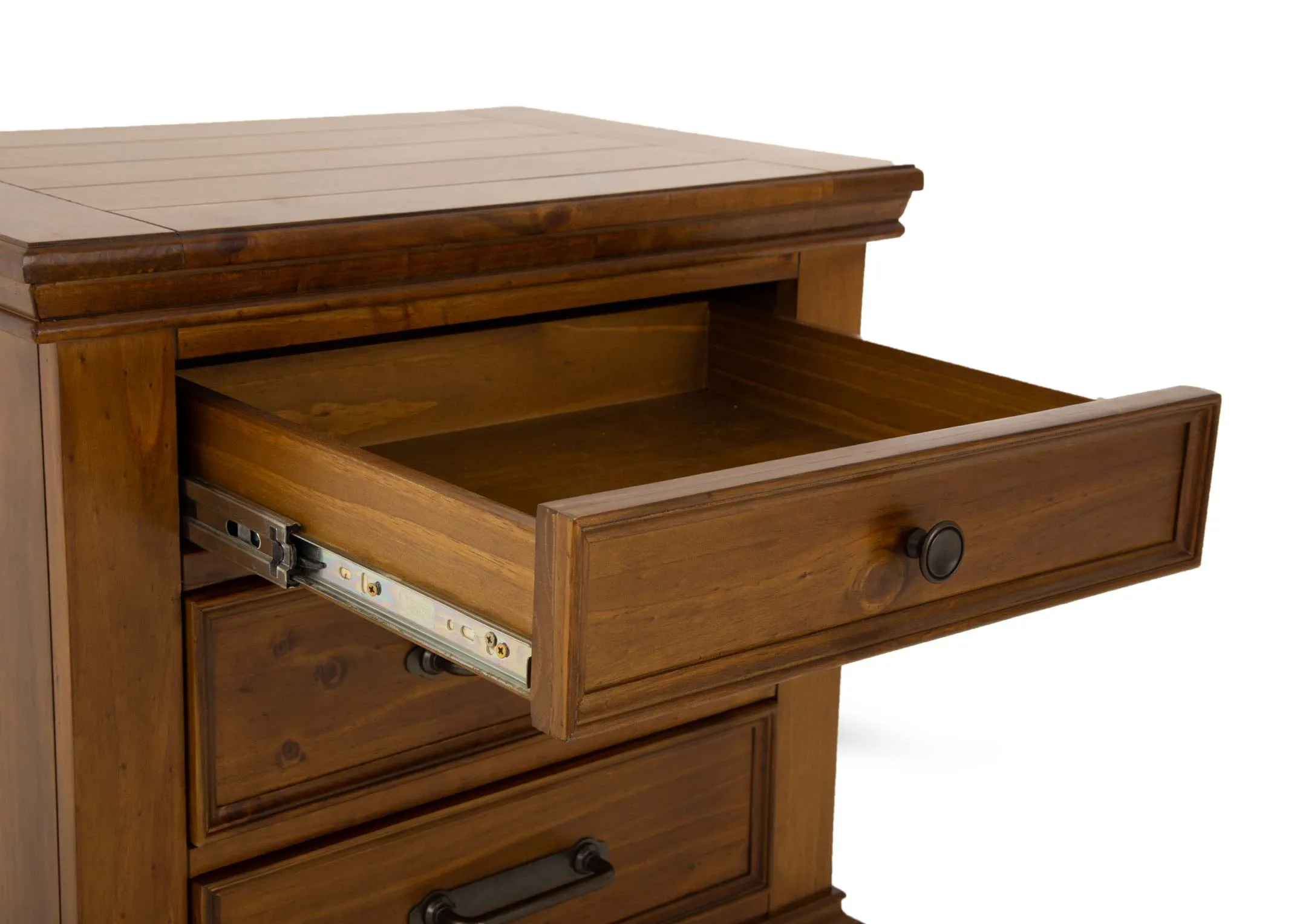 A 3 drawer pine bedside locker from EZ Livings Allyson range. Closeup of drawer open with dual runners