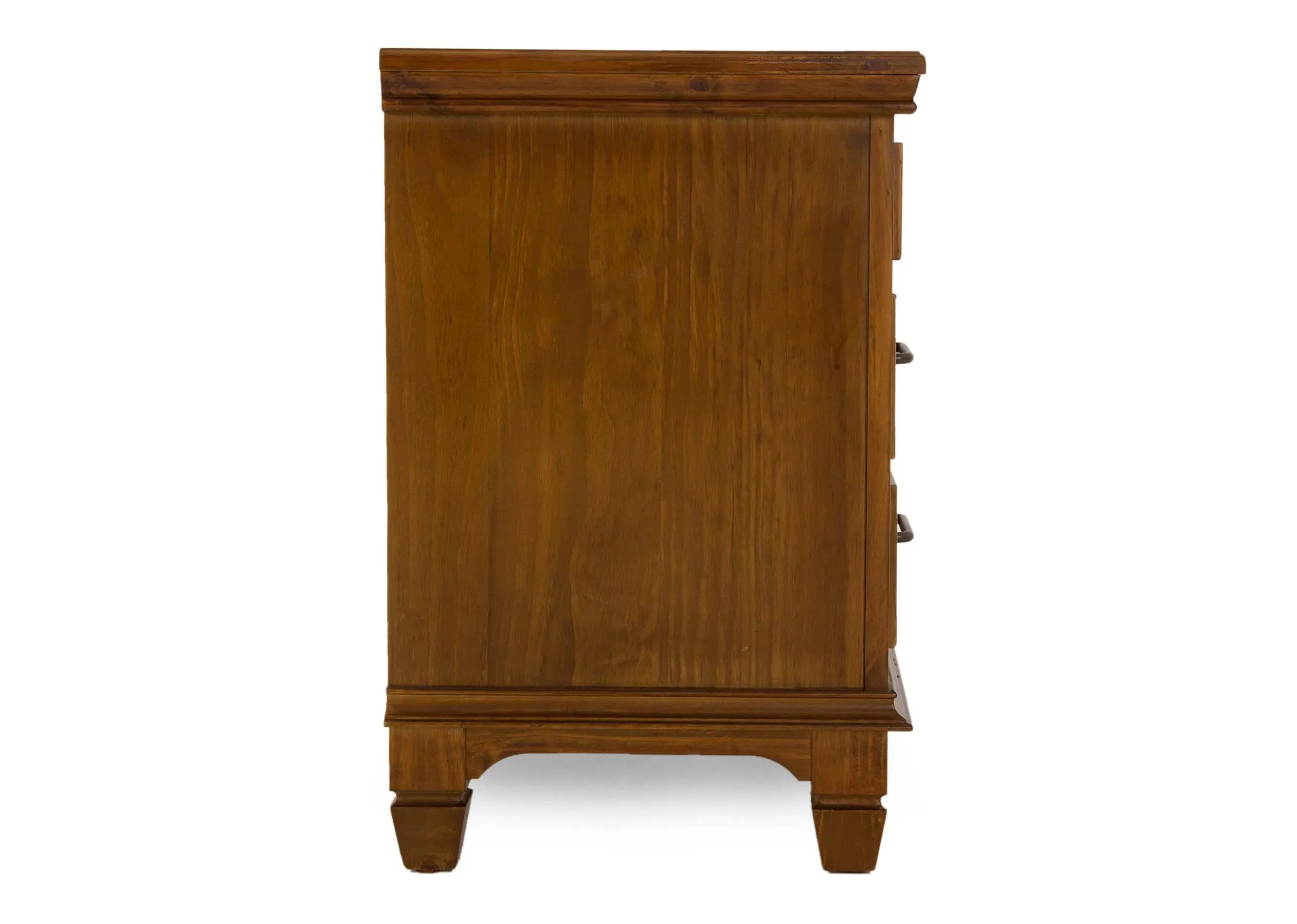 A 3 drawer pine bedside locker from EZ Livings Allyson range. Side view of textured wood.