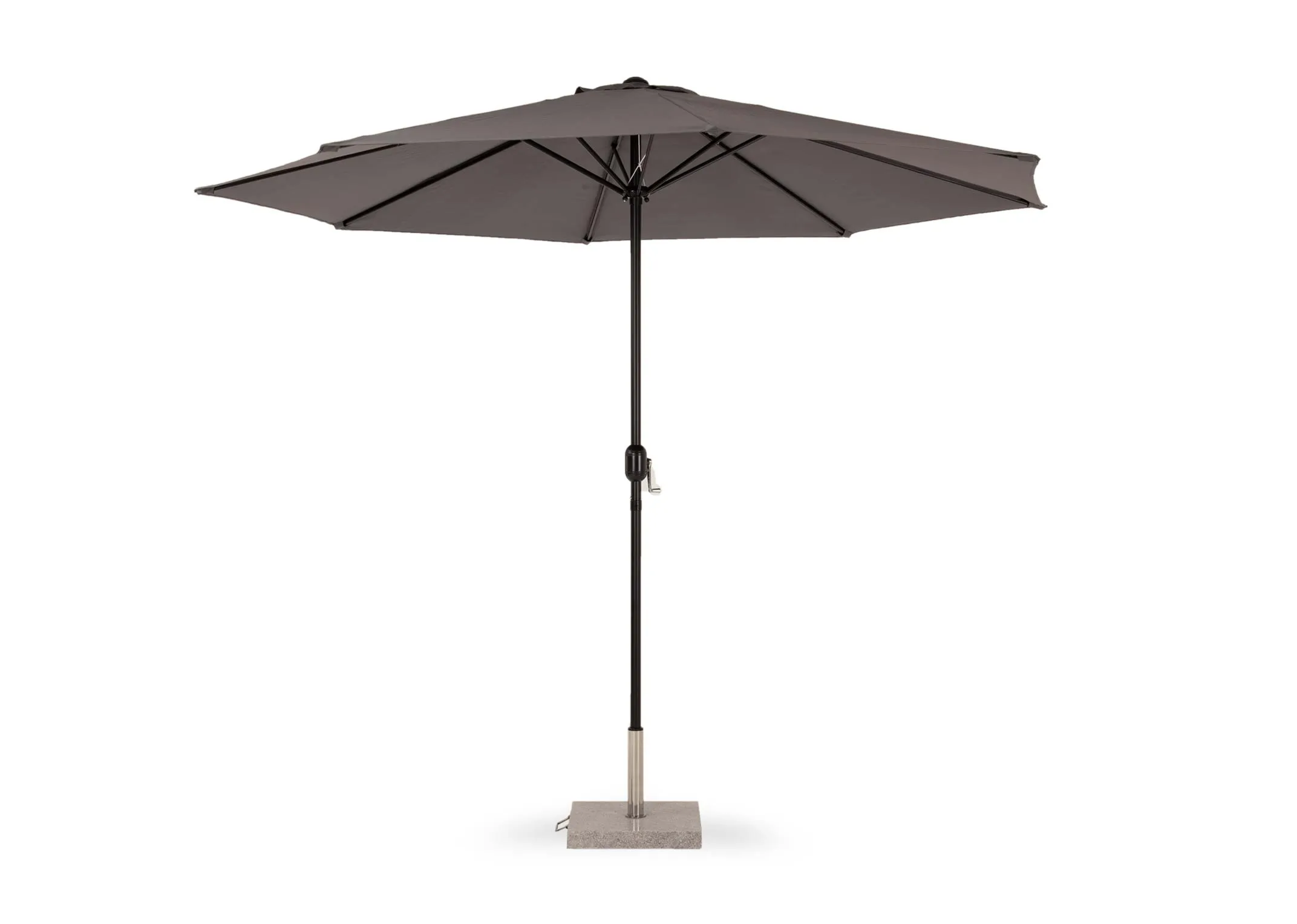 A grey garden parasol with granite basefrom EZ Livings Seville range. Front view of umbrella fully open.