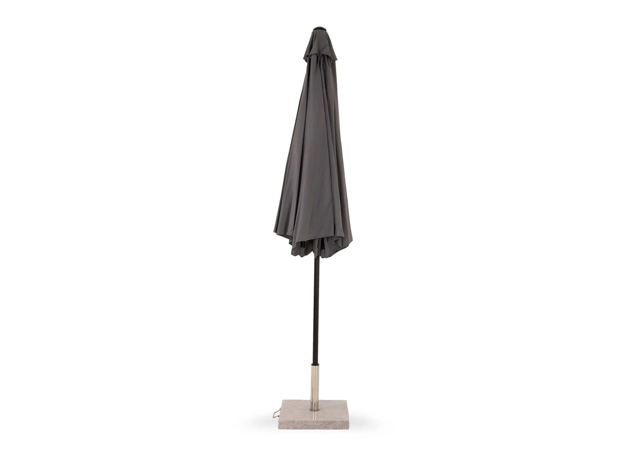 A grey garden parasol with granite basefrom EZ Livings Seville range. Front view of parasol down