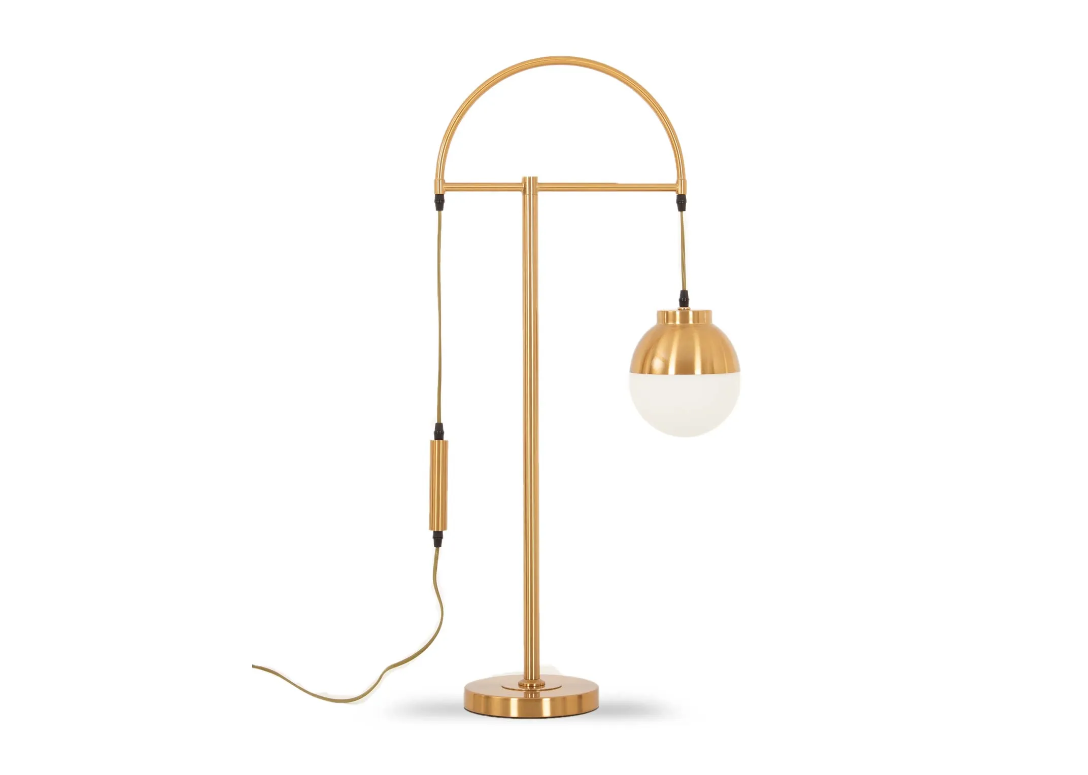 A gold arc metal table lamp from EZ Livings Casper range. Angled view of gold base & White globe shade