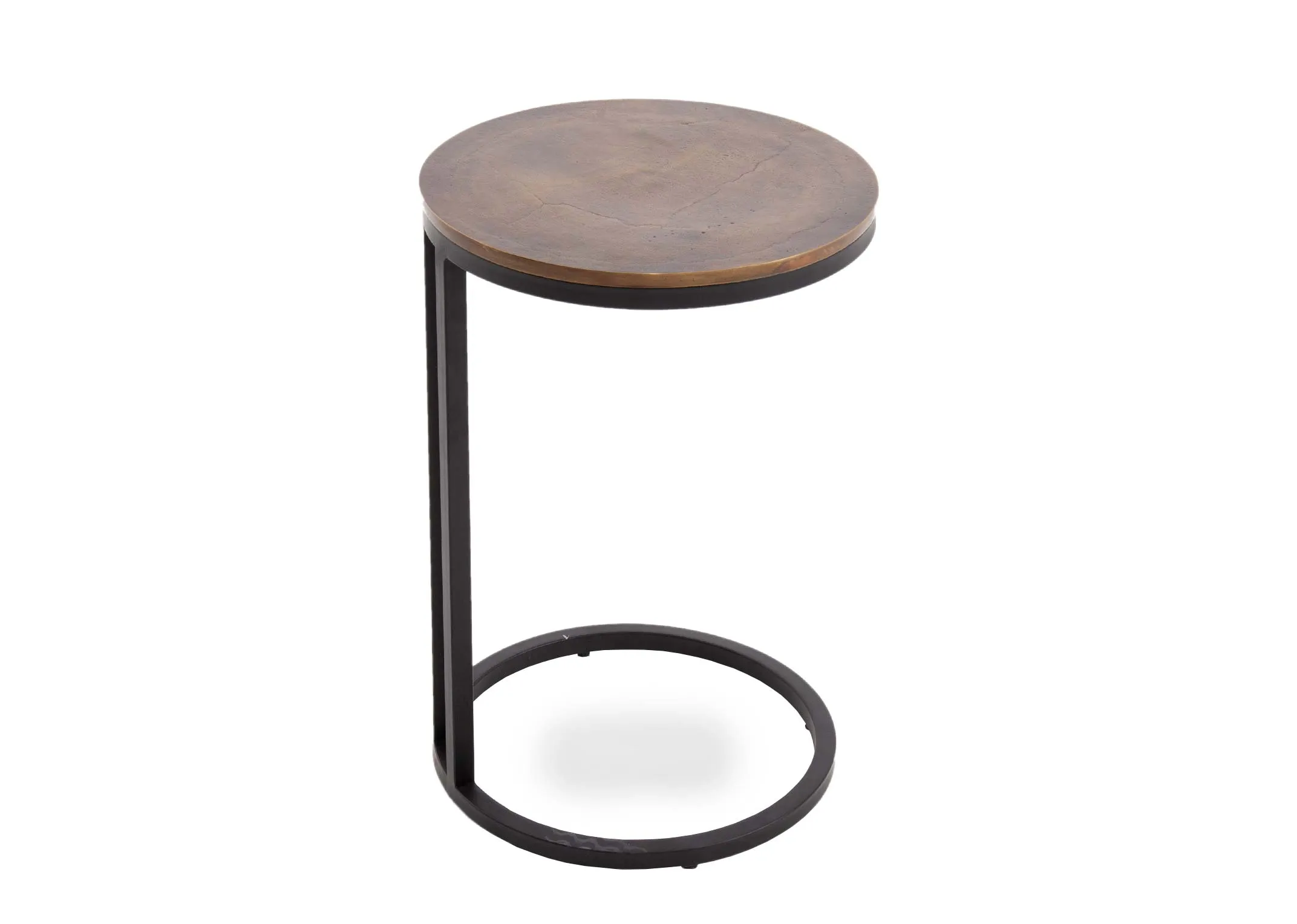 A round bronze metal side table from EZ Livings Toko range. Angled view