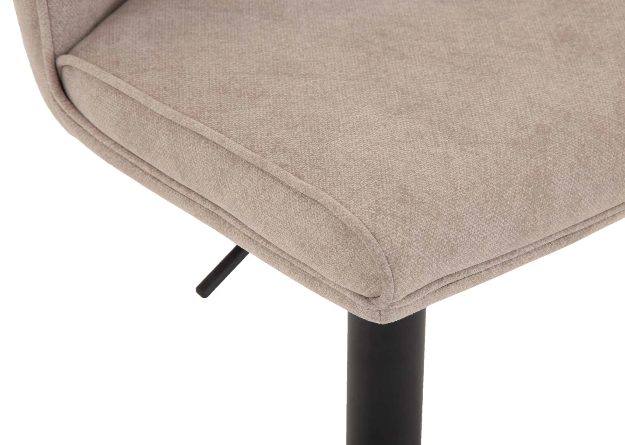 A light grey fabric swivel bar stool from EZ Livings Maple range. Closeup of biscuit fabric & lever for reducing or increasing height.