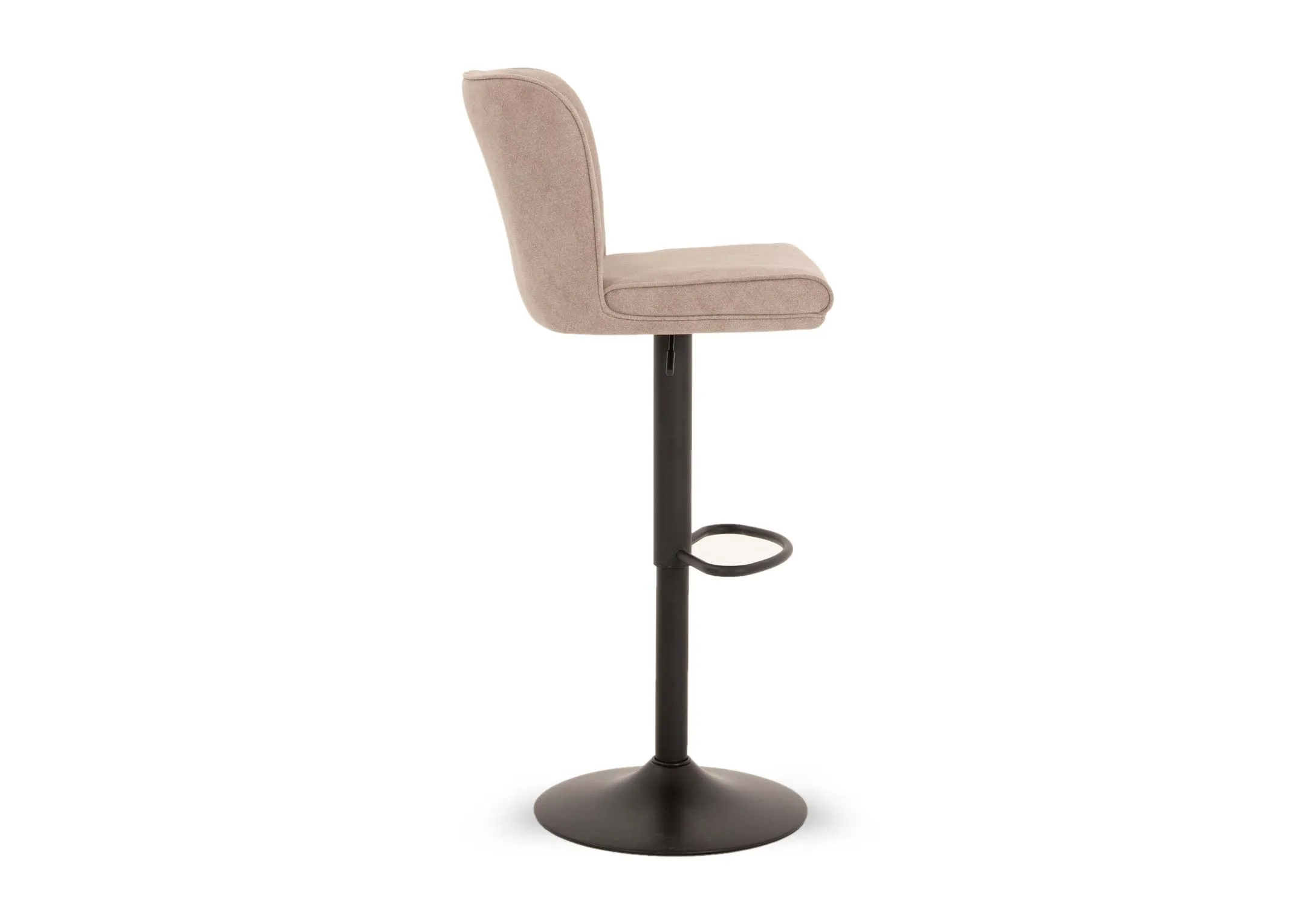 A light grey fabric swivel bar stool from EZ Livings Maple range. Side view of fabric detail and metal lever control under seat.